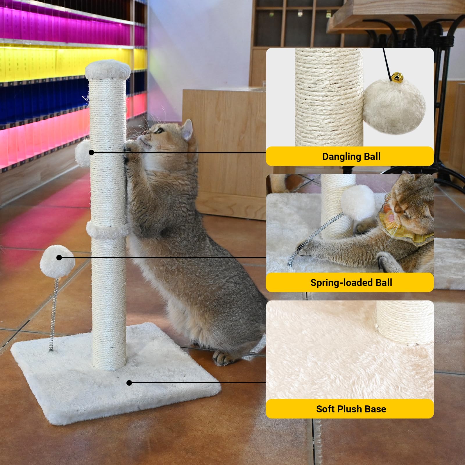 Kingrock Tall Cat Scratching Posts For Indoor Cats, Scratching Post With Plush Toys For Kittens Or Smaller Cats, Premium Sisal P