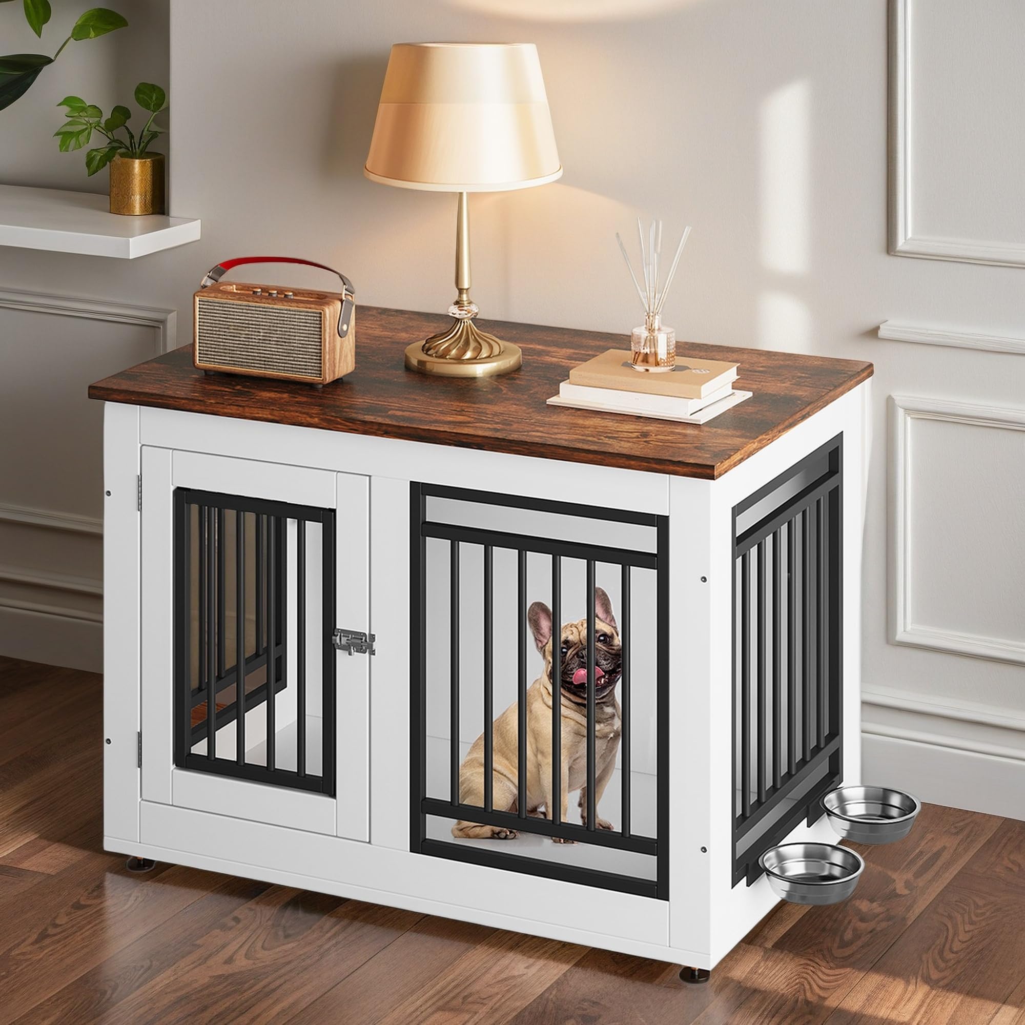 DWVO Dog Crate Furniture with Adjustable Feet & Removable Bowls, 35 Inch Dog Kennel Indoor Furniture End Table for Dogs, Modern 