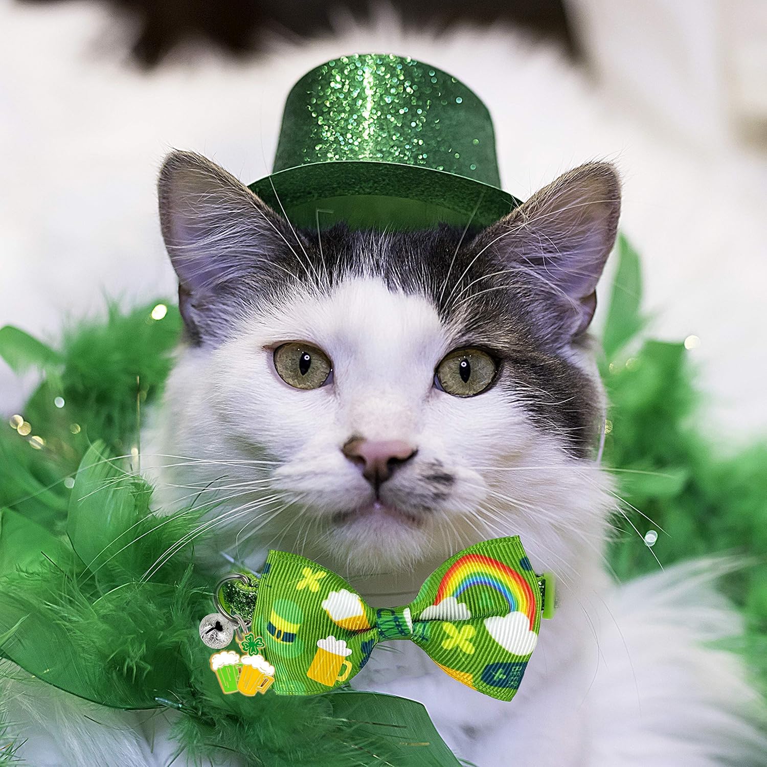 Pohshido St. Patrick'S Day Cat Collar With Bow Tie And Bell, 2-Pack Breakaway Adjustable Lucky Shamrock And Rainbow Kitty Collar