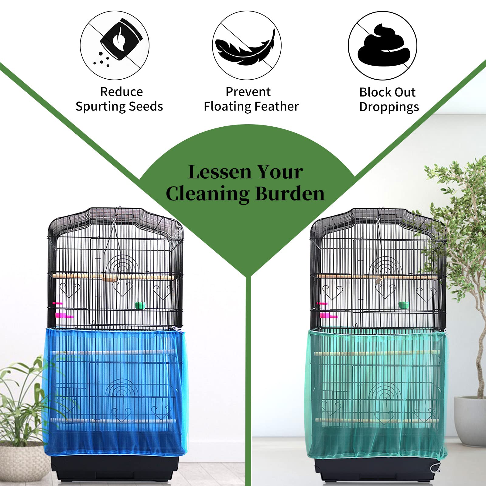 Daoeny 2Pcs Universal Bird Cage Cover, Adjustable Seed Feather Catcher, Soft Airy Nylon Mesh Parrot Net, Birdcage Cover Skirt Sheer Guard For Round Square Cages (Green+ Blue)