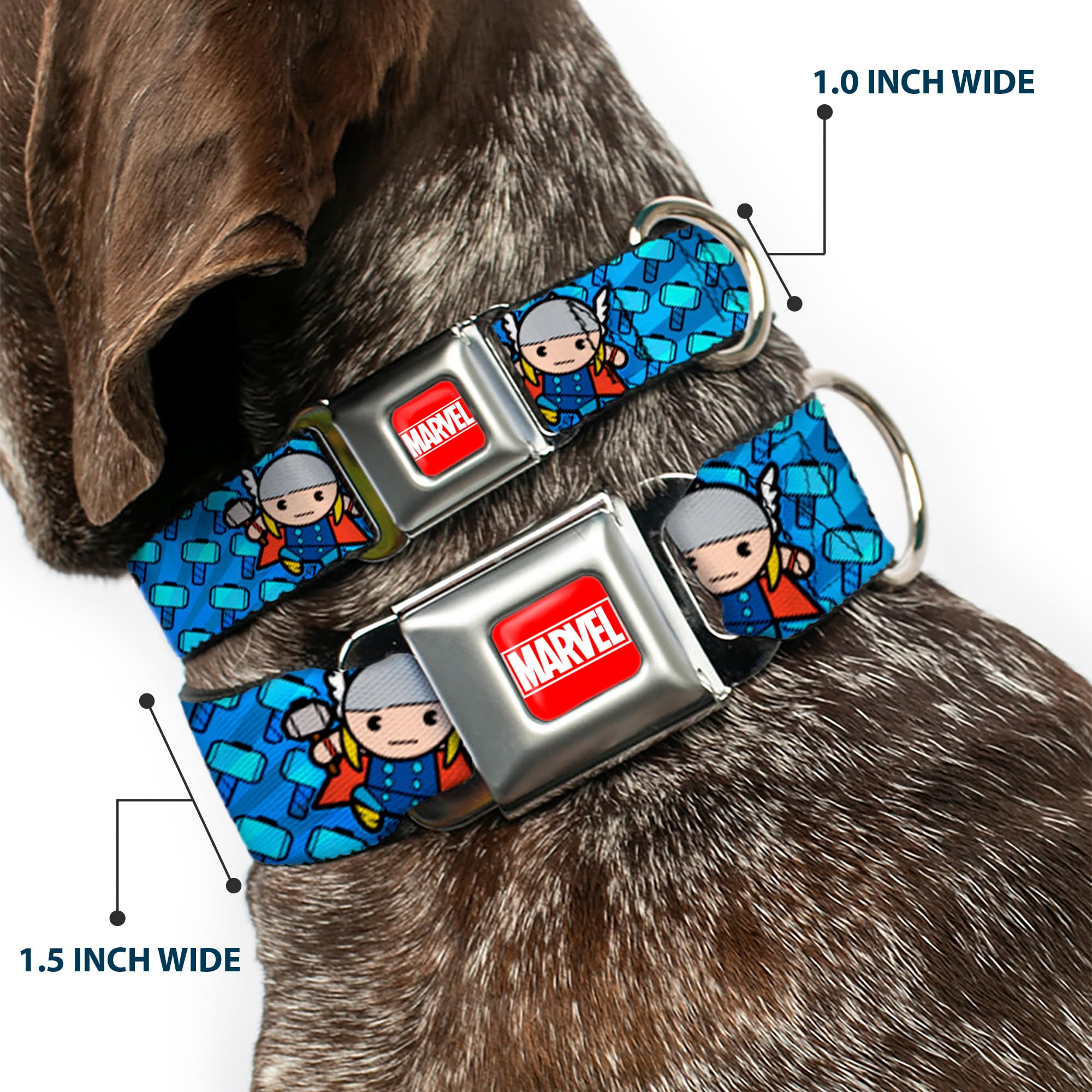 Buckle-Down Dog Collar Seatbelt Buckle Kawaii Thor Poses Hammer Monogram Blues 16 To 23 Inches 1.5 Inch Wide