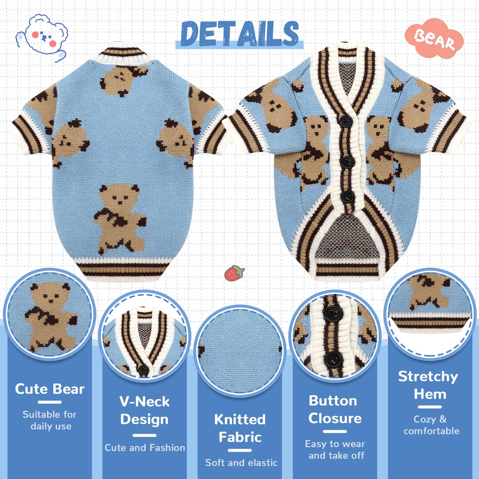 Abrrlo Small Sweaters Cute Bear Cardigans For Small Medium Dogs Boy Girl Puppy Cat Knitting Outfits Winter Coats Warm Pet Clothe