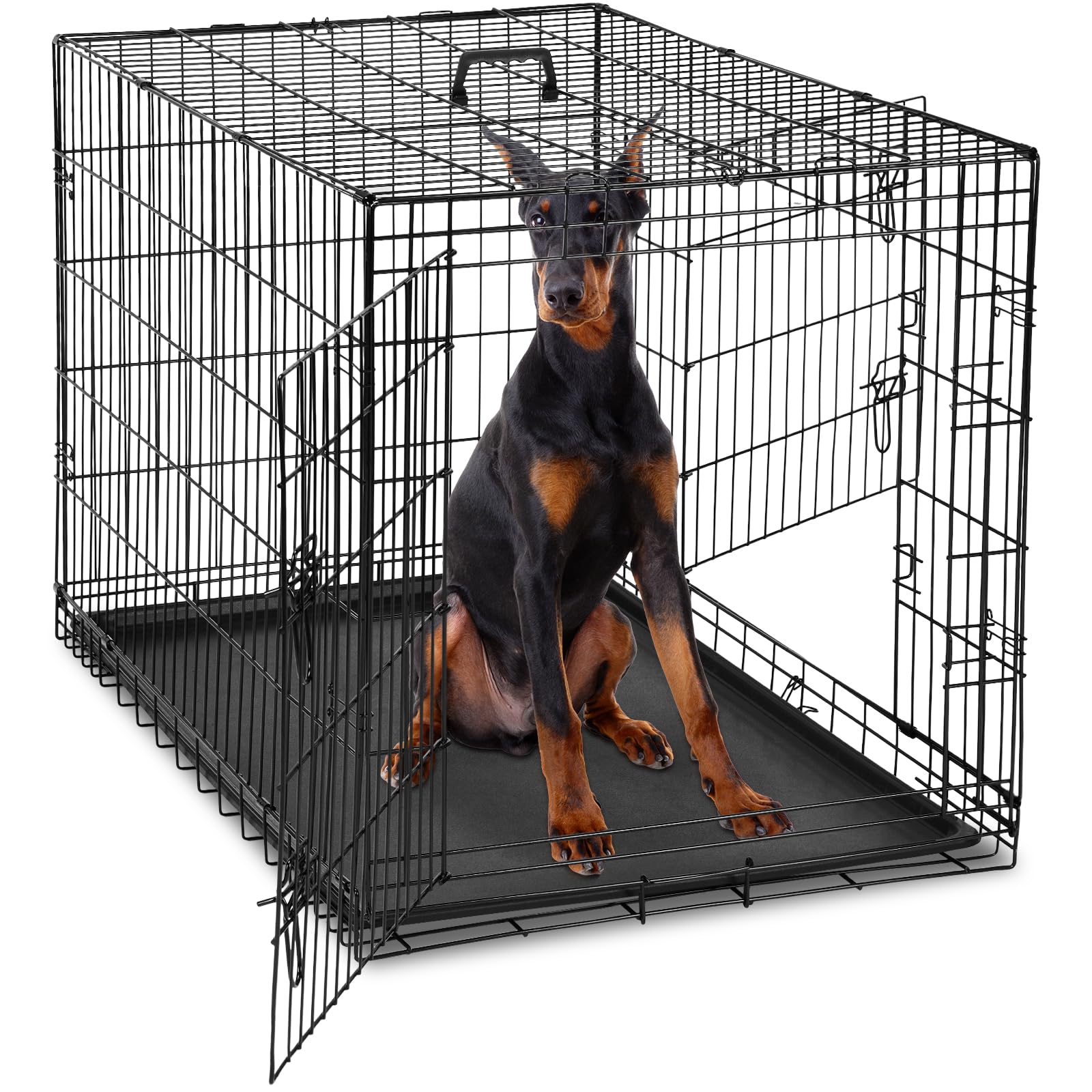 Dumos Dog Crate, 48 Inch Extra Large Double Door Dog Cage With Divider Panel And Plastic Leak-Proof Pan Tray, Folding Metal Wire