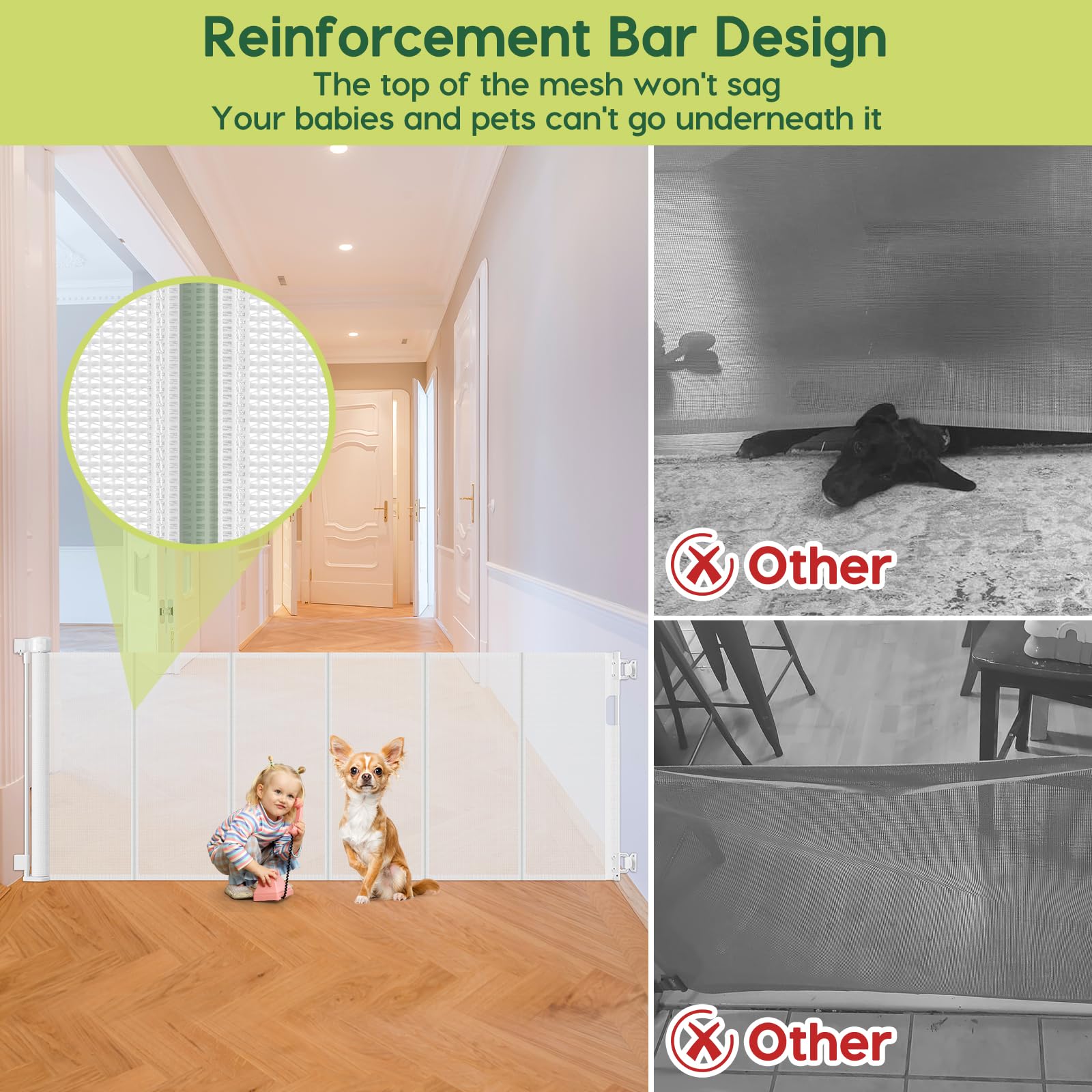Reinforced 80 Inch Extra Wide Retractable Baby Gate with Support Rods, Indoor/Outdoor Retractable Pet Gates for Wide Openings, 3