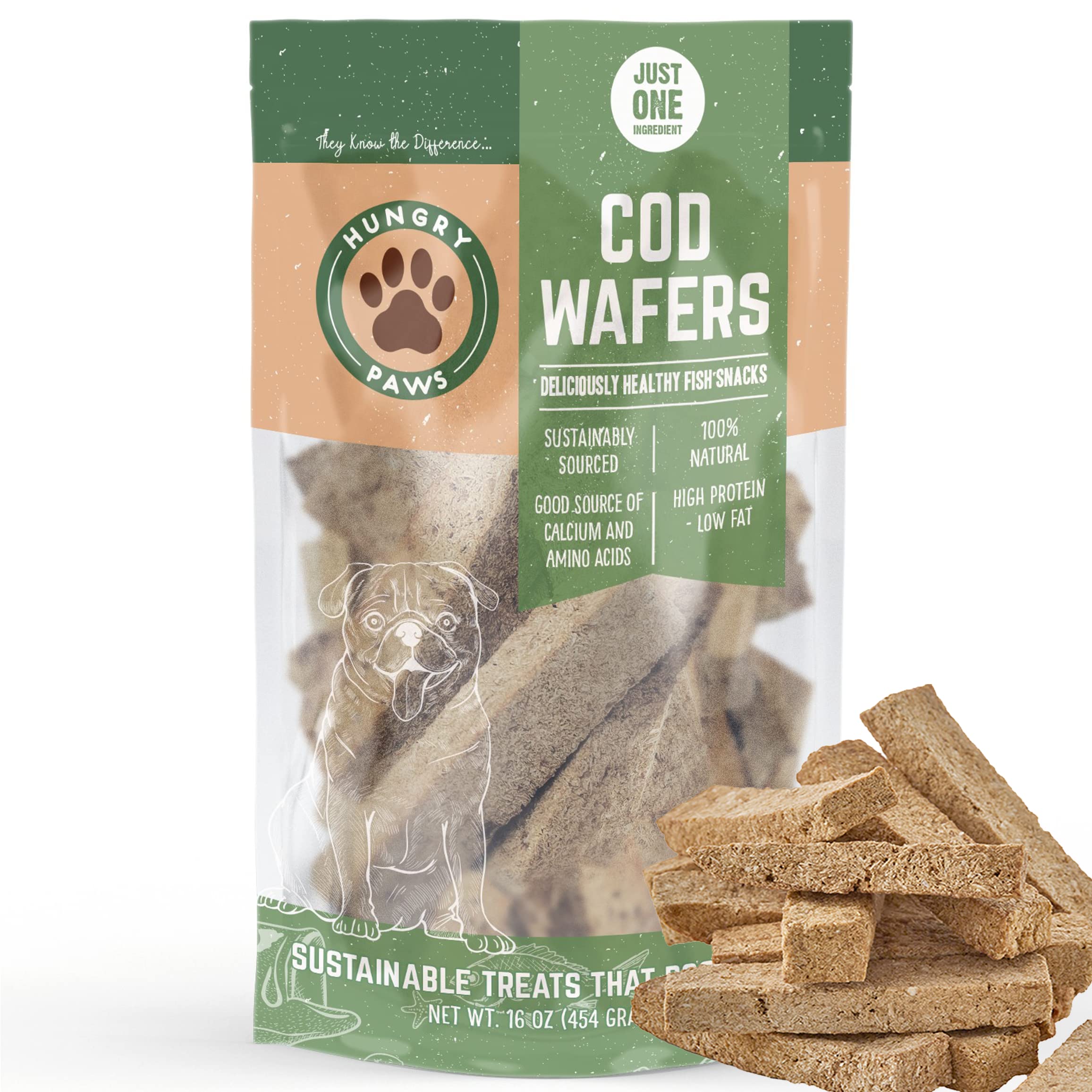 Hungry Paws Cod Fish Wafer Single Ingredient Dog Treat - The Perfect Single Ingredient Omega-3 Rich Snack Dog Food for a Healthy