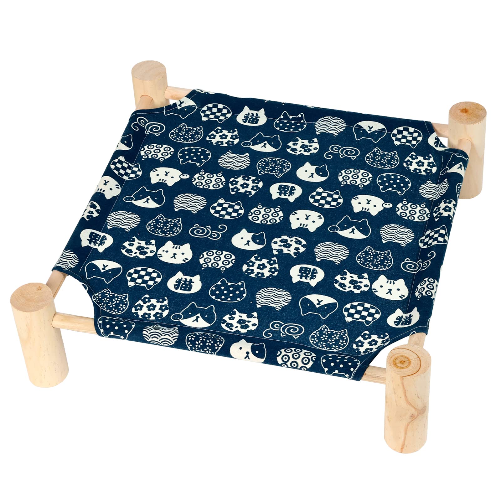 Patas Lague Pet Bed, Small, Elevated Cooling Hammock Bed, Wood, 19X19X5 Inches, 20 Lbs, Blue Cat, Indoor/Outdoor, Square, For Ca