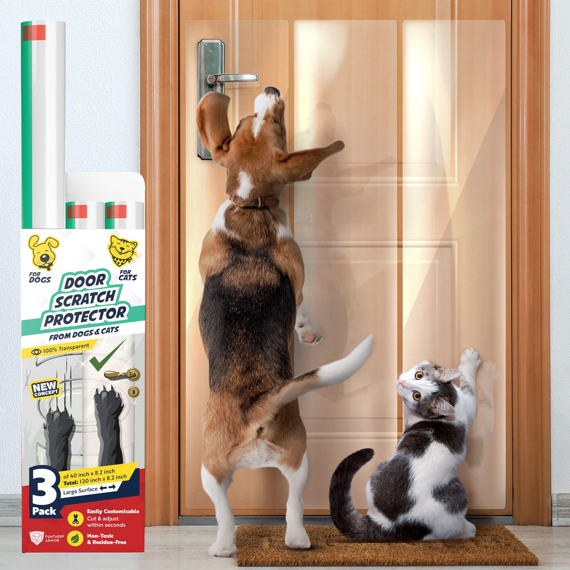 Panther Armor 3-Pack Door Protector From Dog Scratching - 3 X 40' X 8.2' Cat Scratch Door Frame Protector Anti Dog Scratch - Door Guard Clear