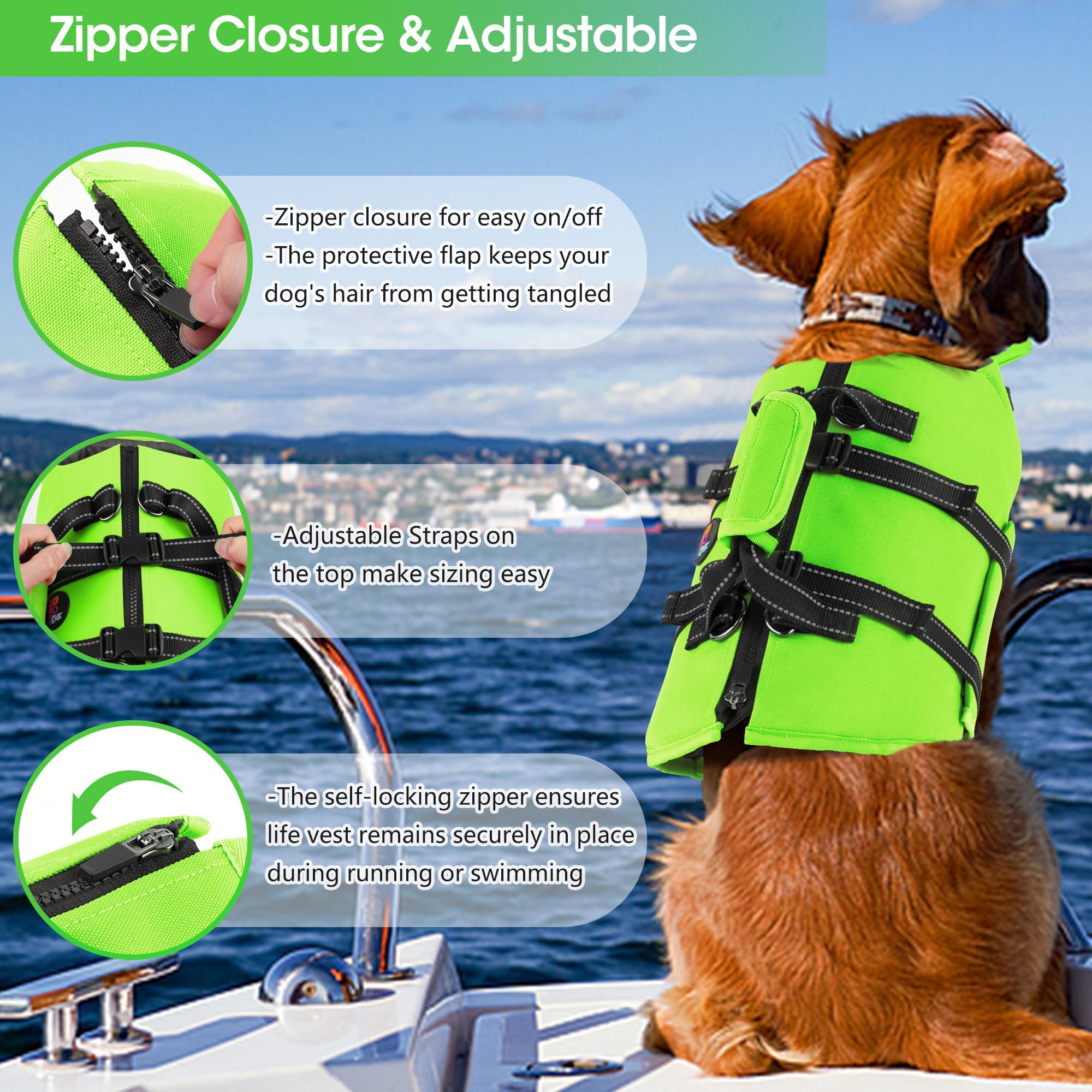 Dogcheer Dog Life Jacket With Back Zipper, High Buoyancy Puppy Swimming Vest, Dog Life Vest For Boating, Reflective Pet Floating
