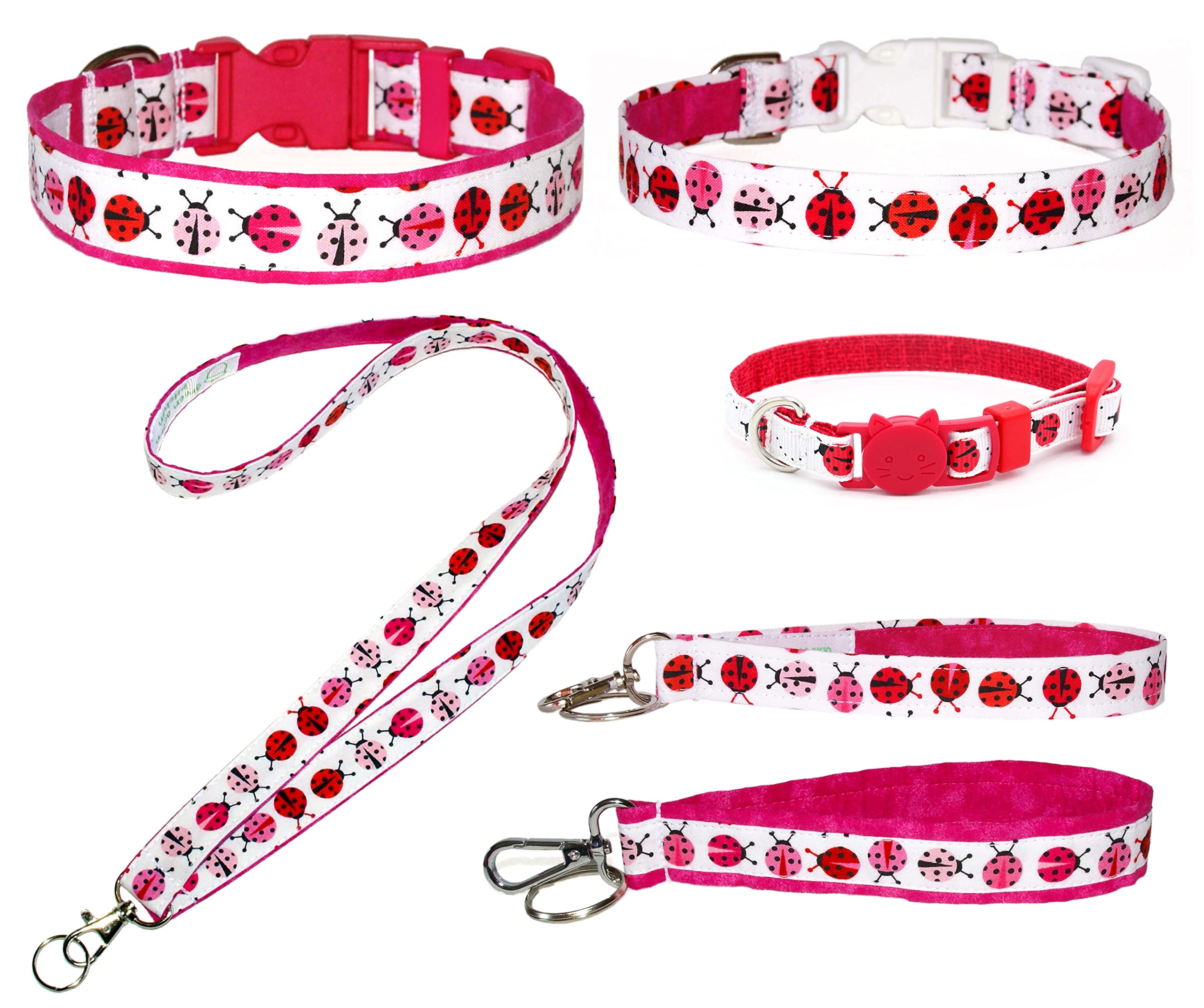 Ladybugs Dog Collar - Red And Pink Lady Bugs On White - 100% Cotton - 4 Sizes - 3/4 Inch Wide - Handmade By Green Acorn Kitchen