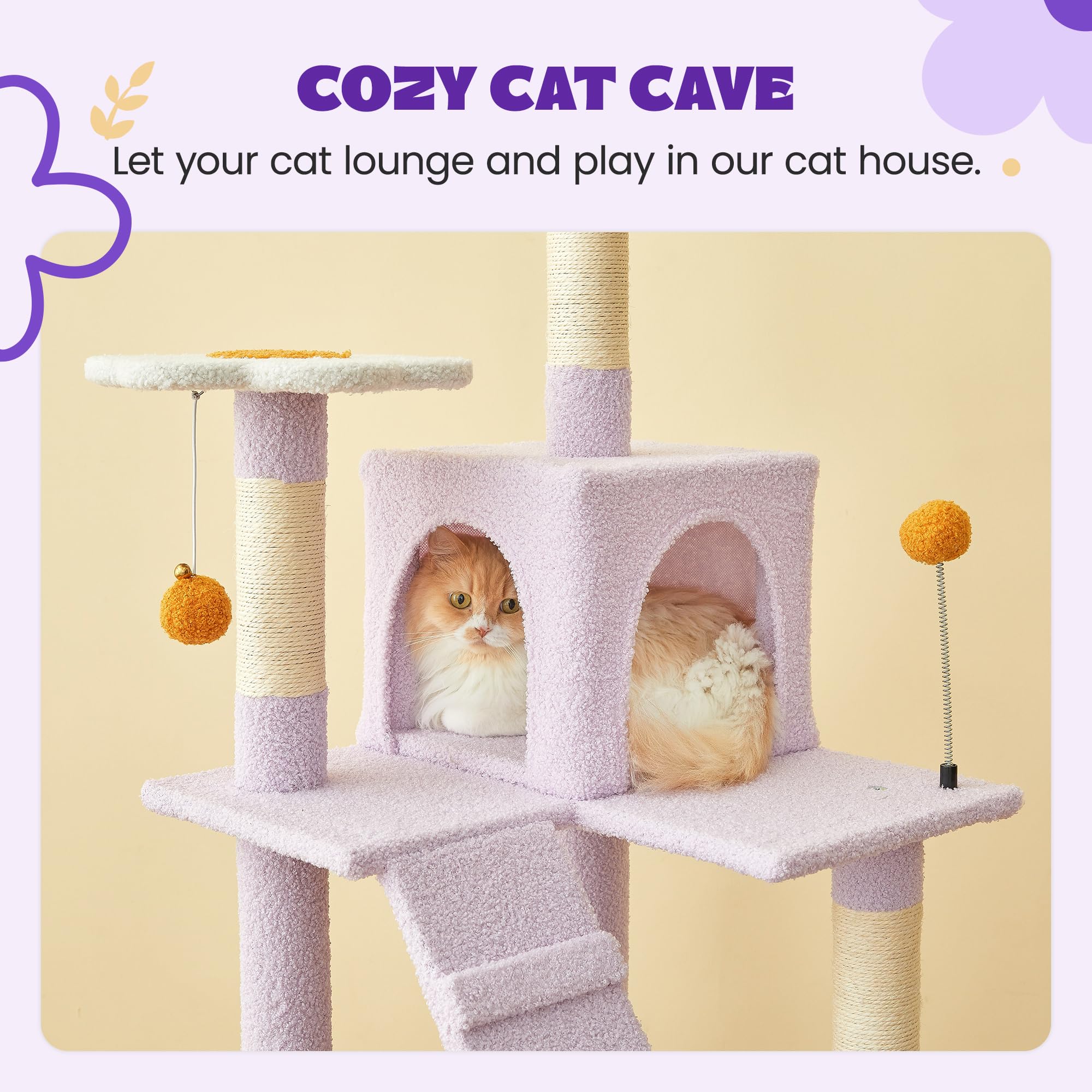 Mwpo Flower Cat Tree For Indoor Cats, 63.8 Inches Multi-Level Cat Tower With Sisal-Covered Scratching Posts, Padded Platform, Ha