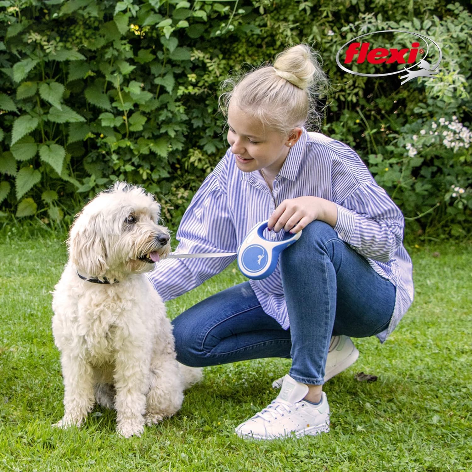 Flexi® New Comfort Tape Retractable Dog Leash For Medium Dogs Upto 55 Lbs. – 16 Ft., Blue/Pastel | Tangle Free Pet Walking Leash With One-Handed Brake, Pause, Lock |German Quality Product