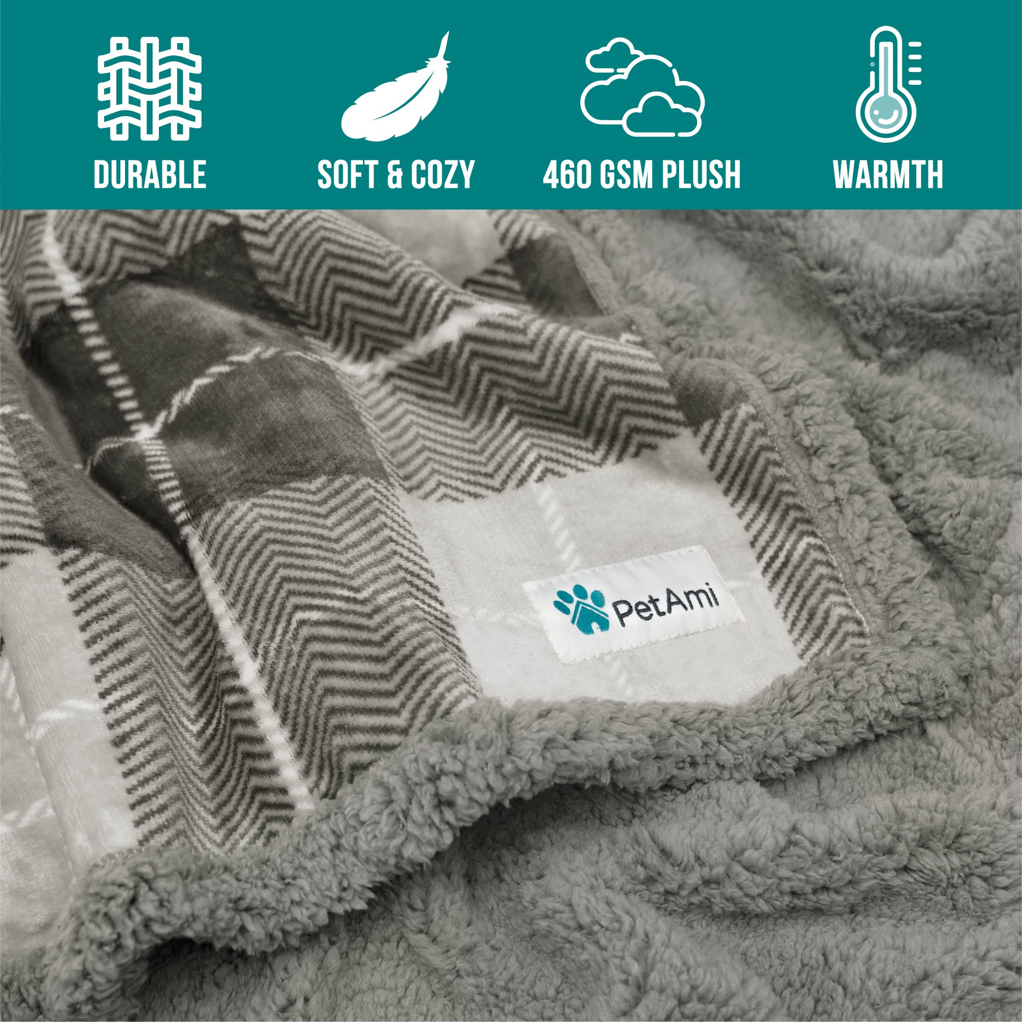 Petami Dog Blanket For Medium Large Dogs, Pet Bed Blanket Cat Puppy Kitten, Fleece Furniture Couch Cover Protector Sofa Car, Soft Sherpa Dog Throw Plush Reversible Washable, 40X60 Plaid Light Gray