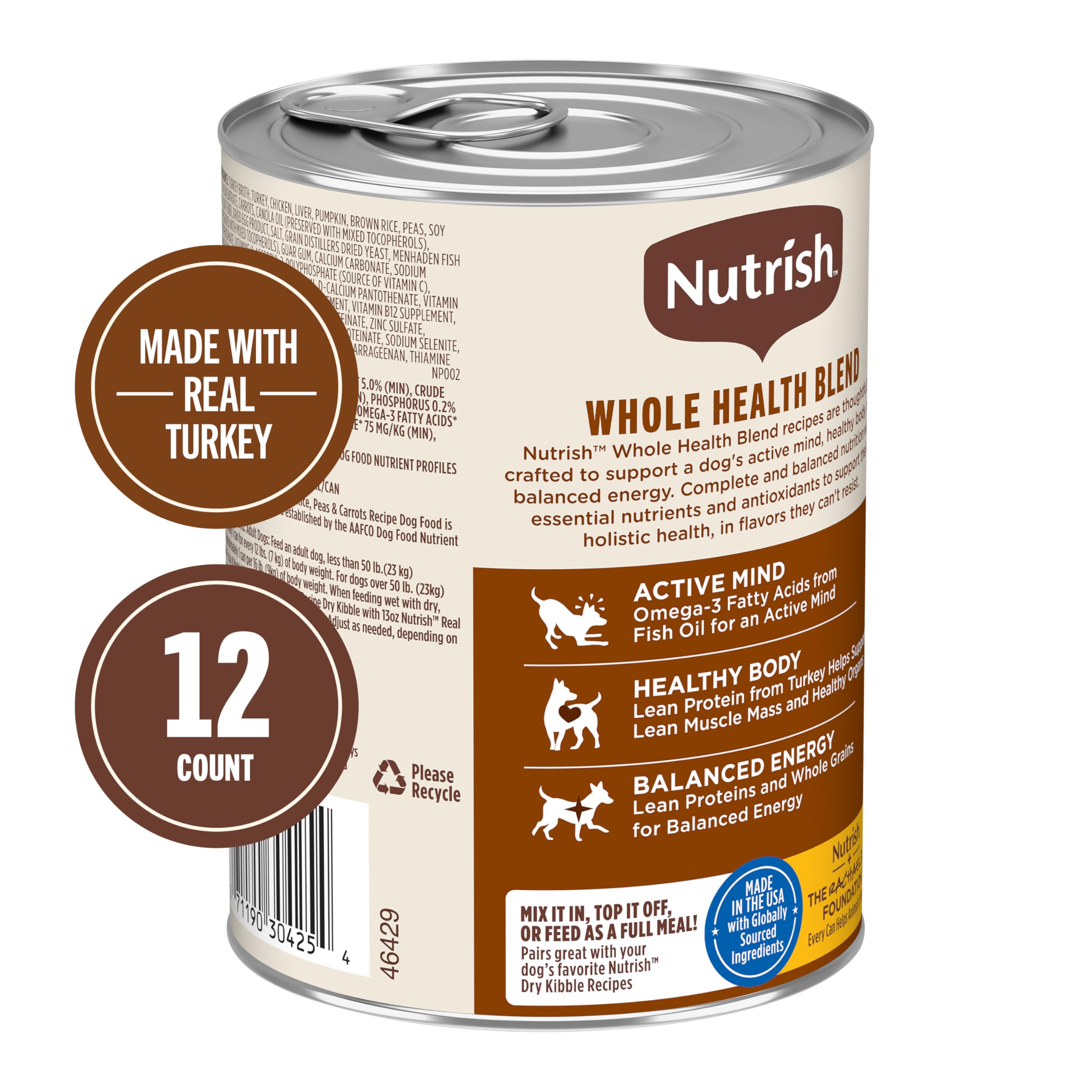 Nutrish Rachael Ray Chunks in Gravy Real Turkey, Brown Rice, Peas & Carrots Recipe Wet Dog Food, 13 oz. Can (Pack of 12)
