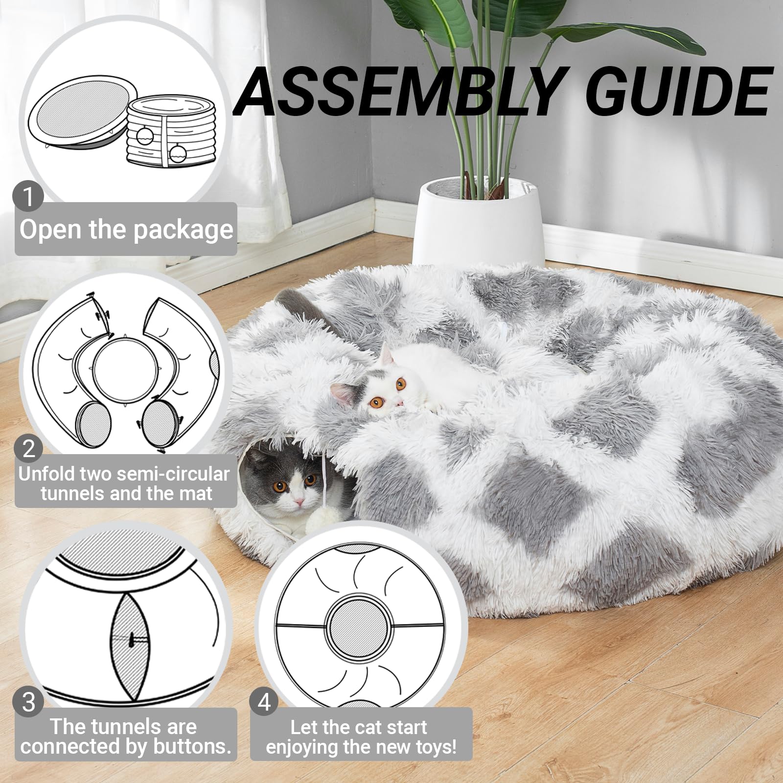 LUCKITTY Warm Fluffy Plush Cat Dog Tunnel Bed with Washable Cushion- Big Tube Playground Toys 3 FT Diameter Collapsible, for Ind