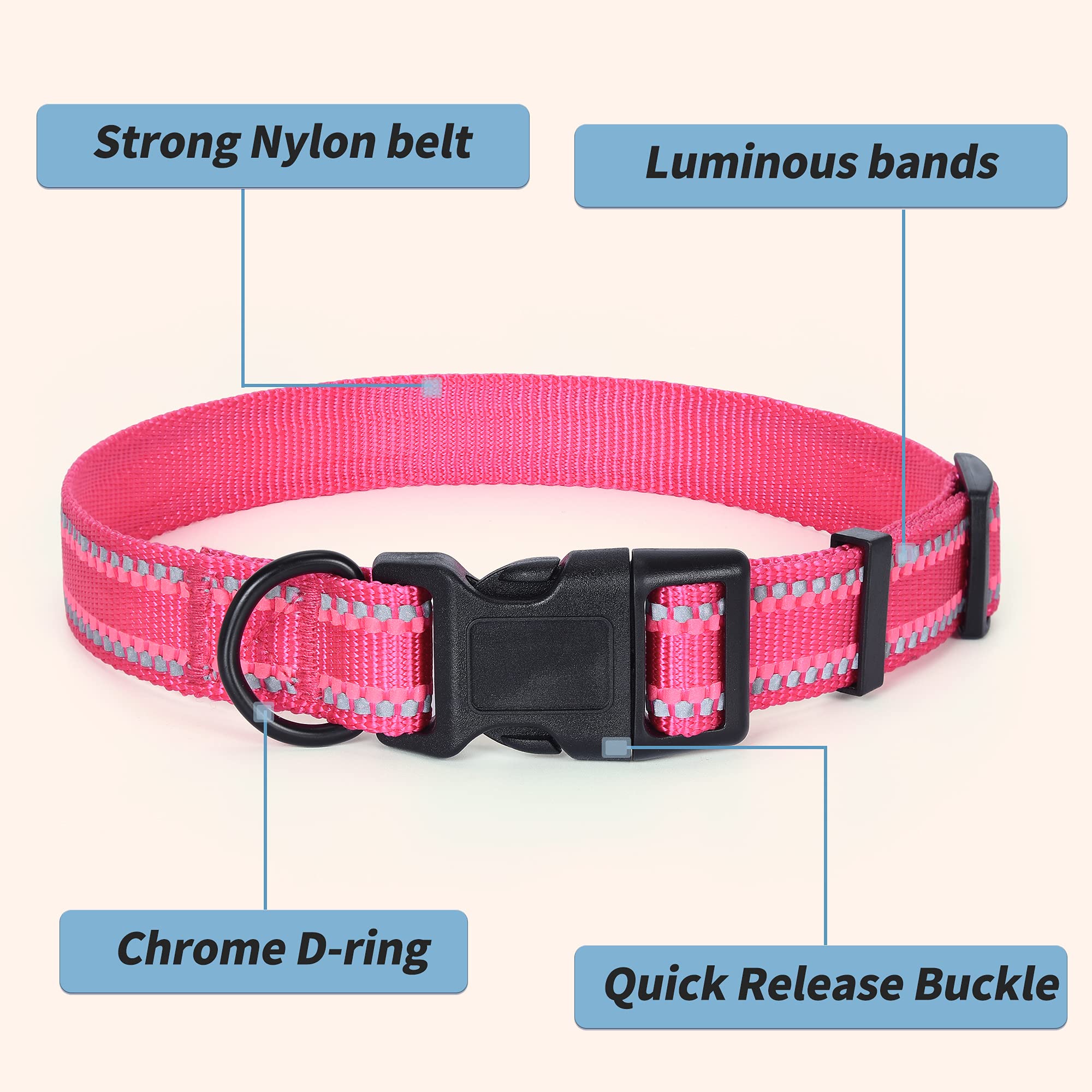 Mile High Life | Nylon Night Light Glow Collar For Medium Dogs | Reflective Band Cat Collar | Fluorescence Self-Luminescence Strap Puppy Collar | Safe Night Walk Collars For Dogs (Pink, L)