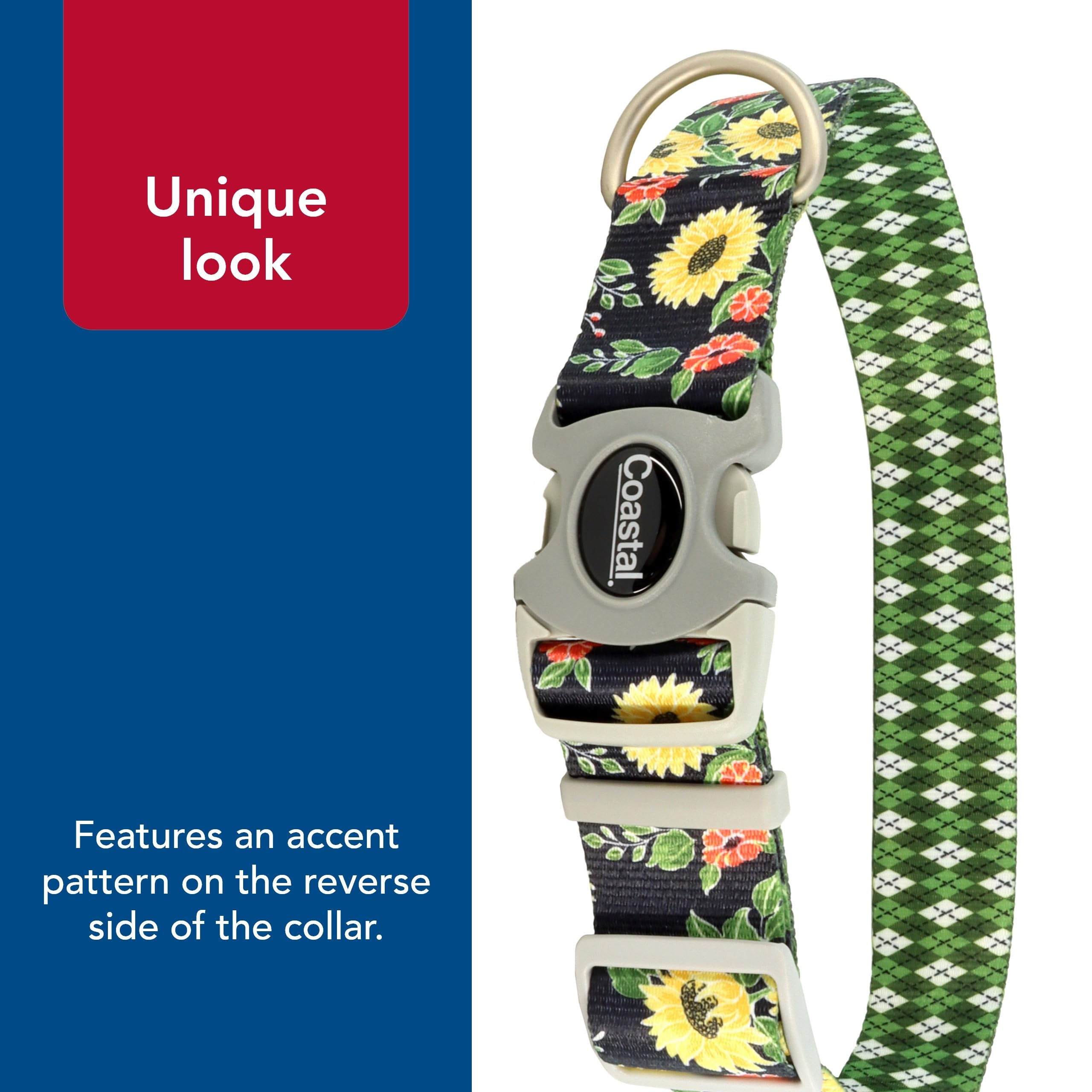 Coastal Pet Sublime Adjustable Dog Collar - Adjustable Plastic Buckle - Vibrant & Colorful Dog Collar With Fade-Resistant Patterns - Sunflower With Green Argyle, Medium - 1' X 12'-18'