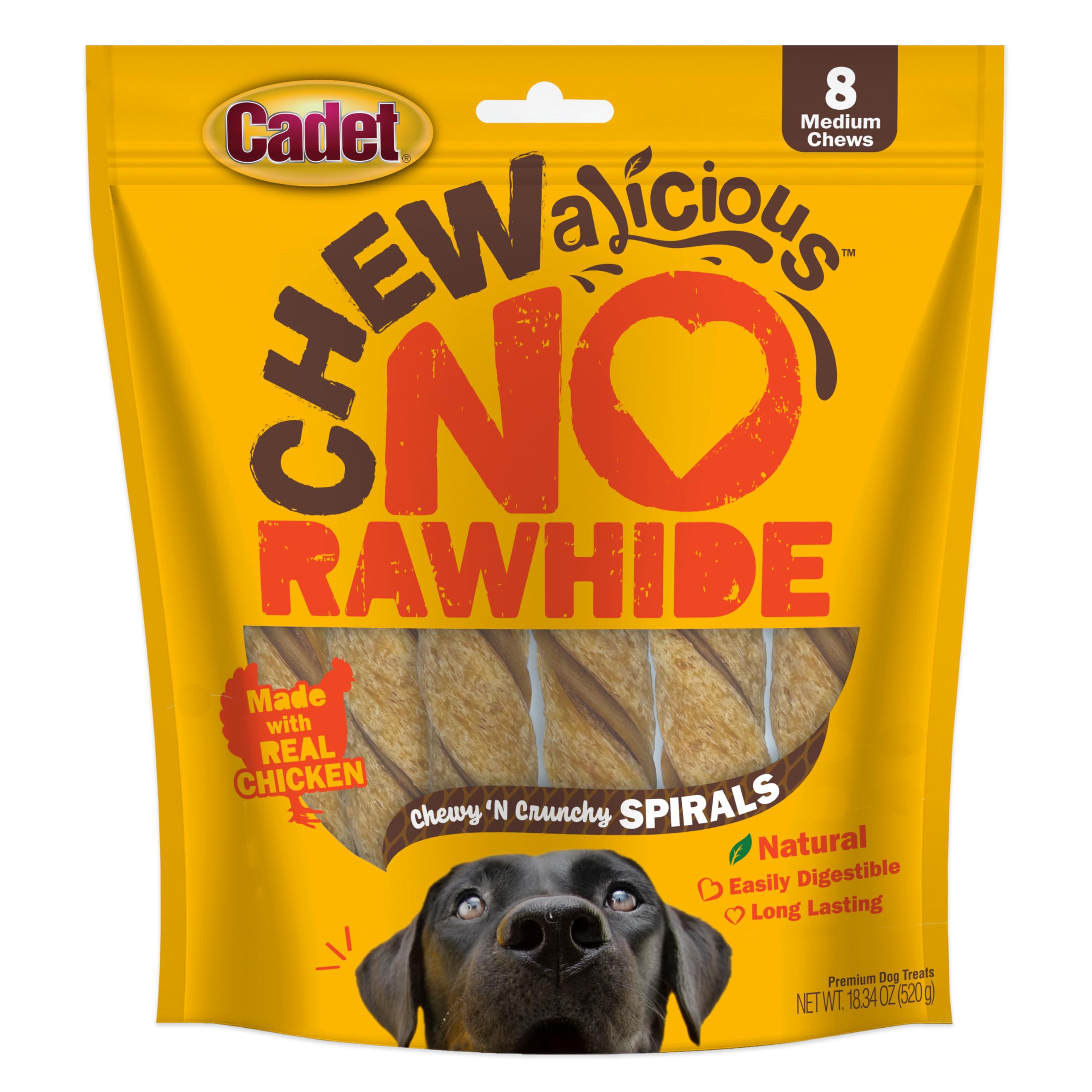 Cadet Chewalicious Chewy N Crunchy Spiral Dog Treats, Limited Ingredient, Rawhide-Free, Long-Lasting Chews for Dogs Made with R