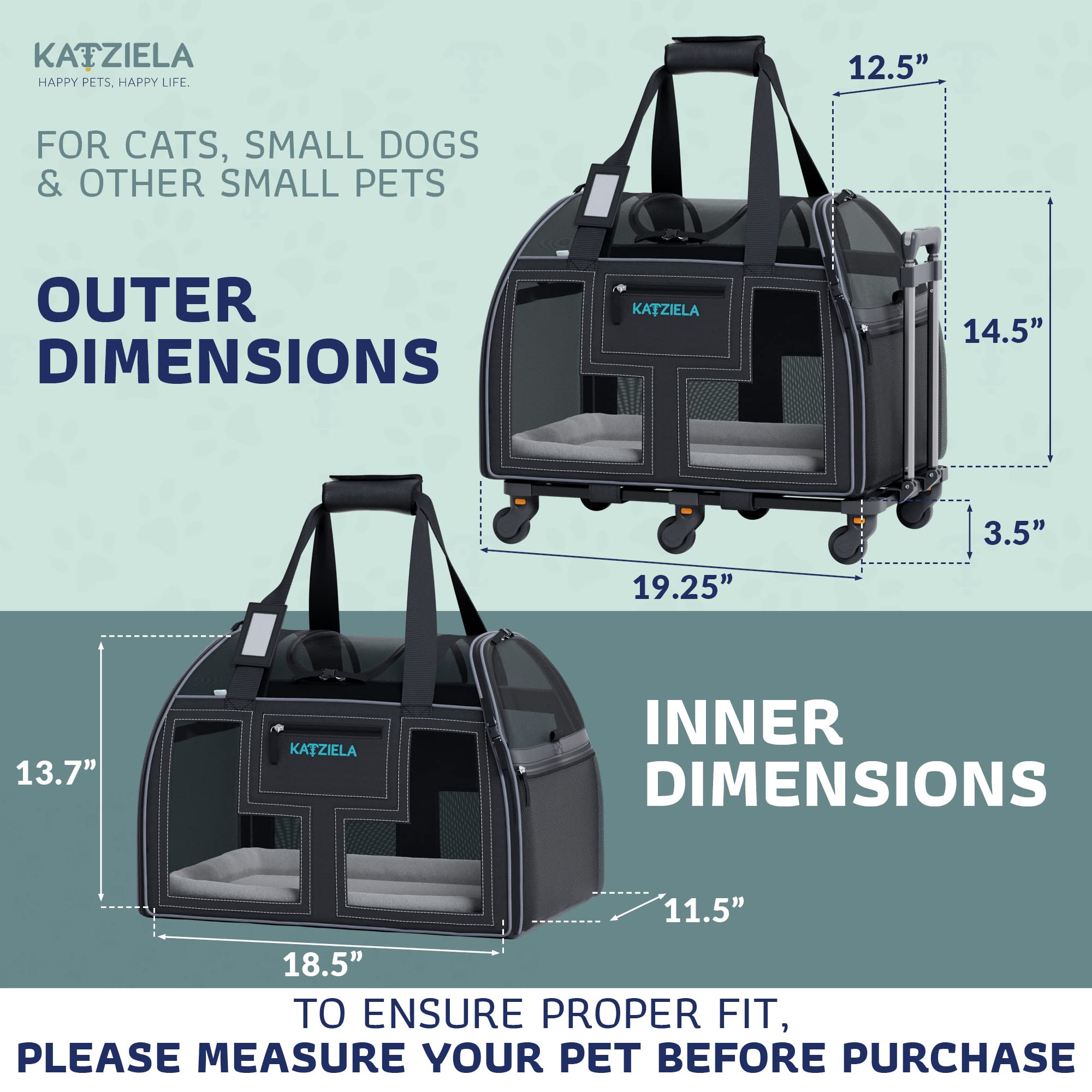 Airline Compliant Pet Carrier - Rolling Portable Travel Carry Crate For Small Dog, Puppy Or Cat - Soft Removable Wheeled Design