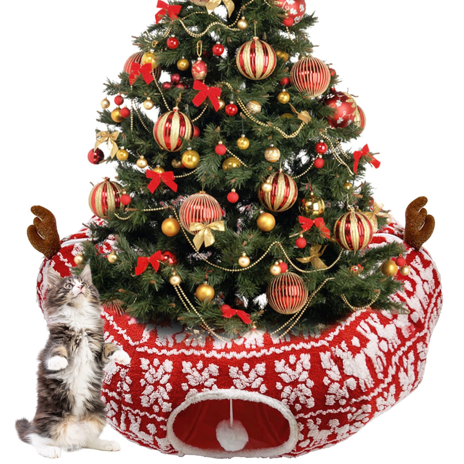 Cat Donut Tunnel for Christmas Tree - Warm Soft Cat Tube Christmas Tree Skirt, Christmas Themed Patterns Cats Red Tunnel Bed wit