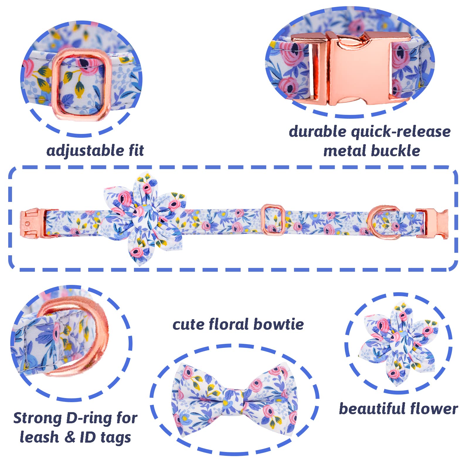 HSIGIO Dog Collar and Leash Set Girls Adjustable Puppy Collars with Floral Bow Tie for Small Medium Large Female Dogs, Blue Flow