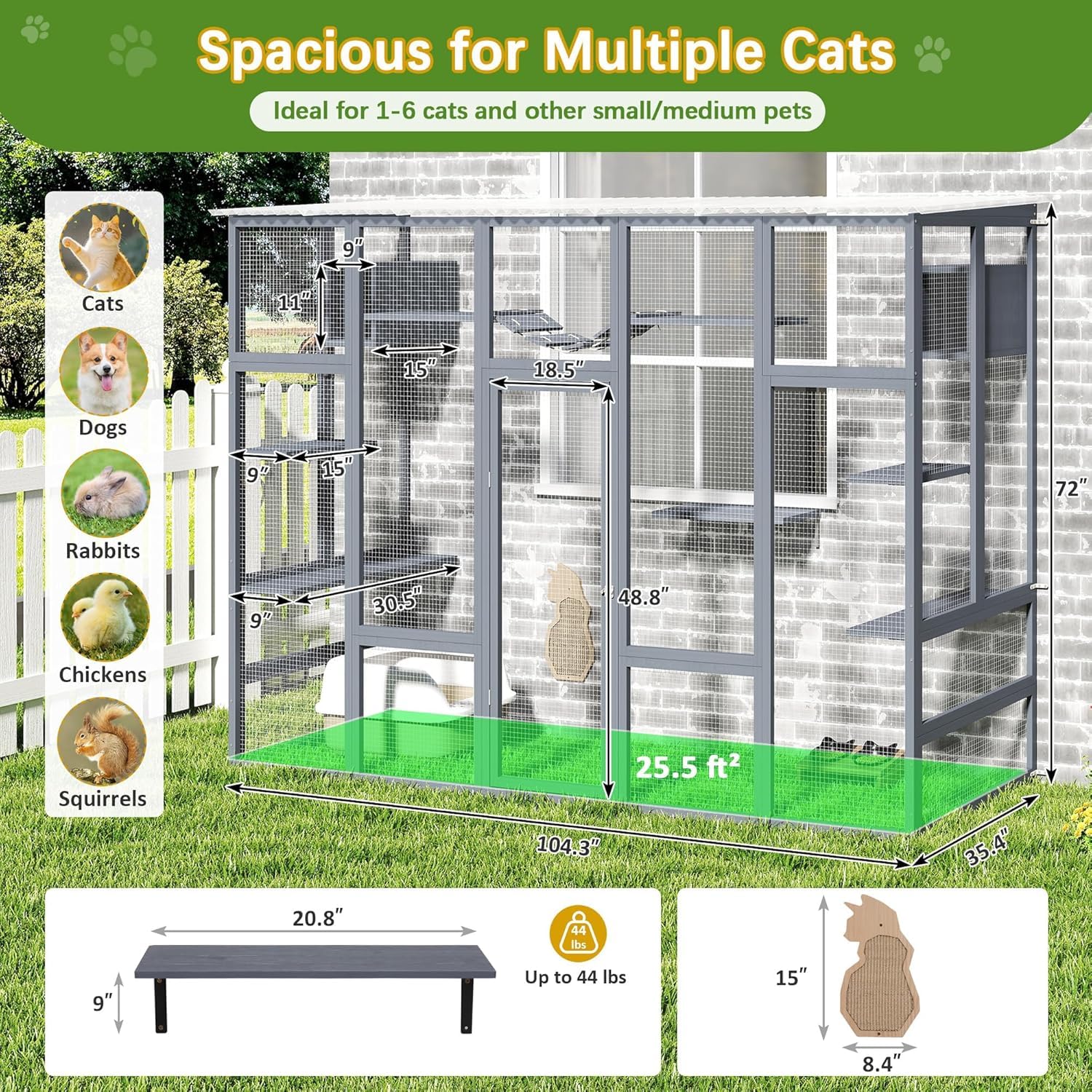 COZIWOW Catio Outdoor Cat Enclosure Window, 104 Wooden Large Catio Outside Cattery for Multiple Cats with Sloped Waterproof Cove