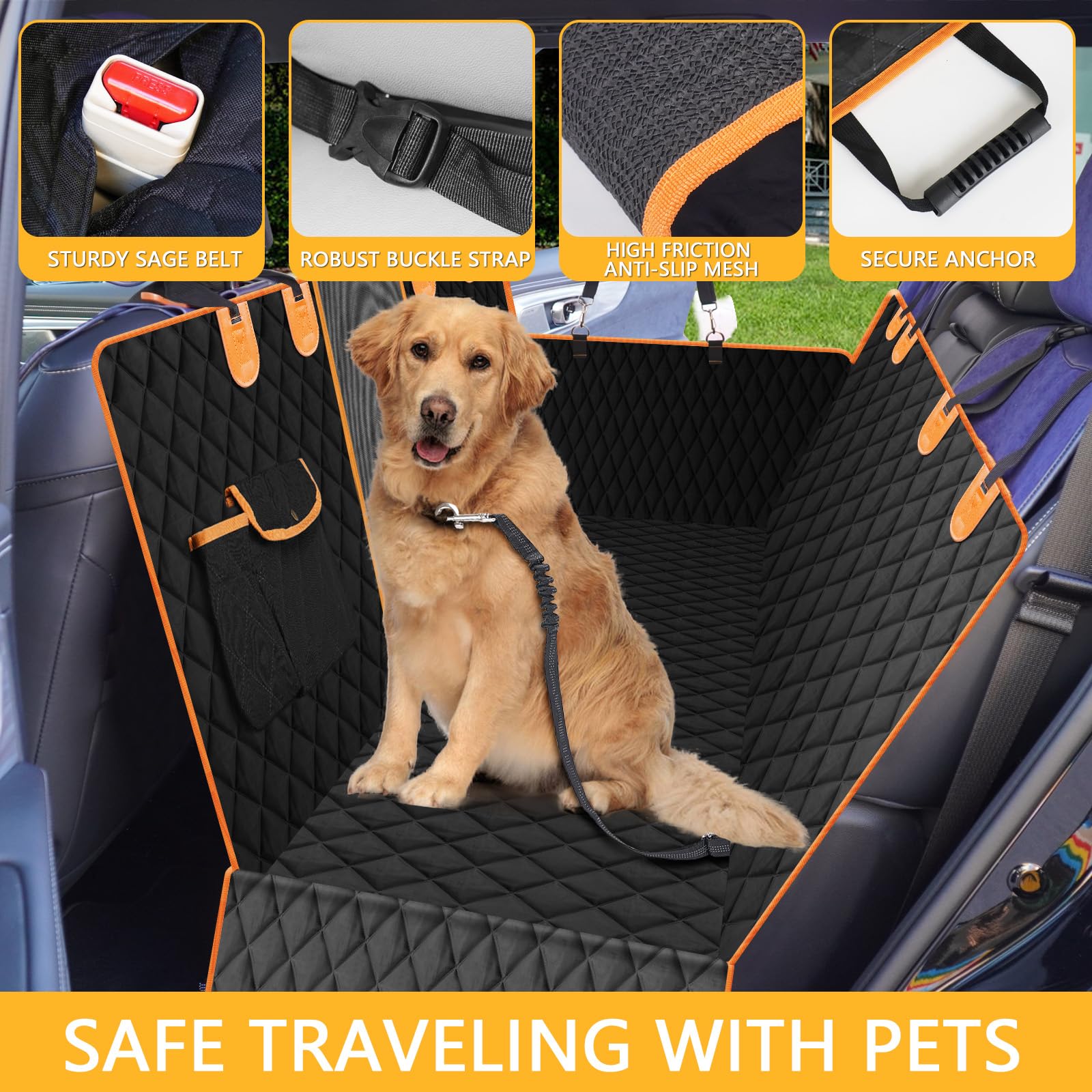 Fidozen Premium Dog Car Seat Cover For Back Seat - Heavy-Duty Hammock Style With Seat Belt, Waterproof, Anti-Slip, Scratch-Resis