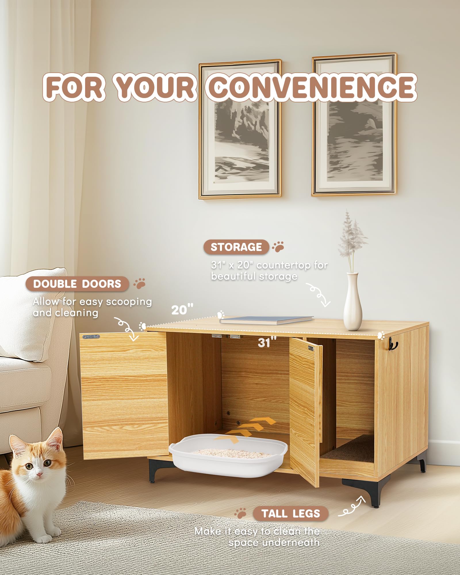 Jubinatural Cat Litter Box Enclosure,Stylish Hidden Litter Box Furniture, Modern Cat Litter Furniture Cabinet, Side End Table, C