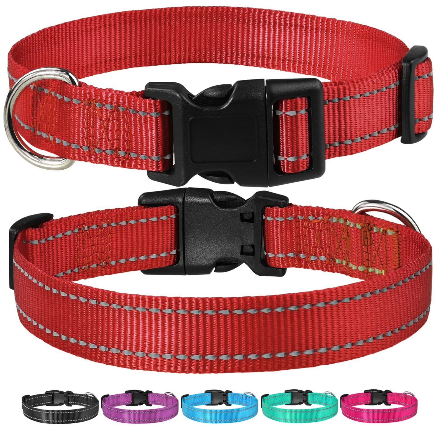 Reflective Dog Collar With Buckle Adjustable Safety Nylon Collars For Small Medium Large Dogs, Red L
