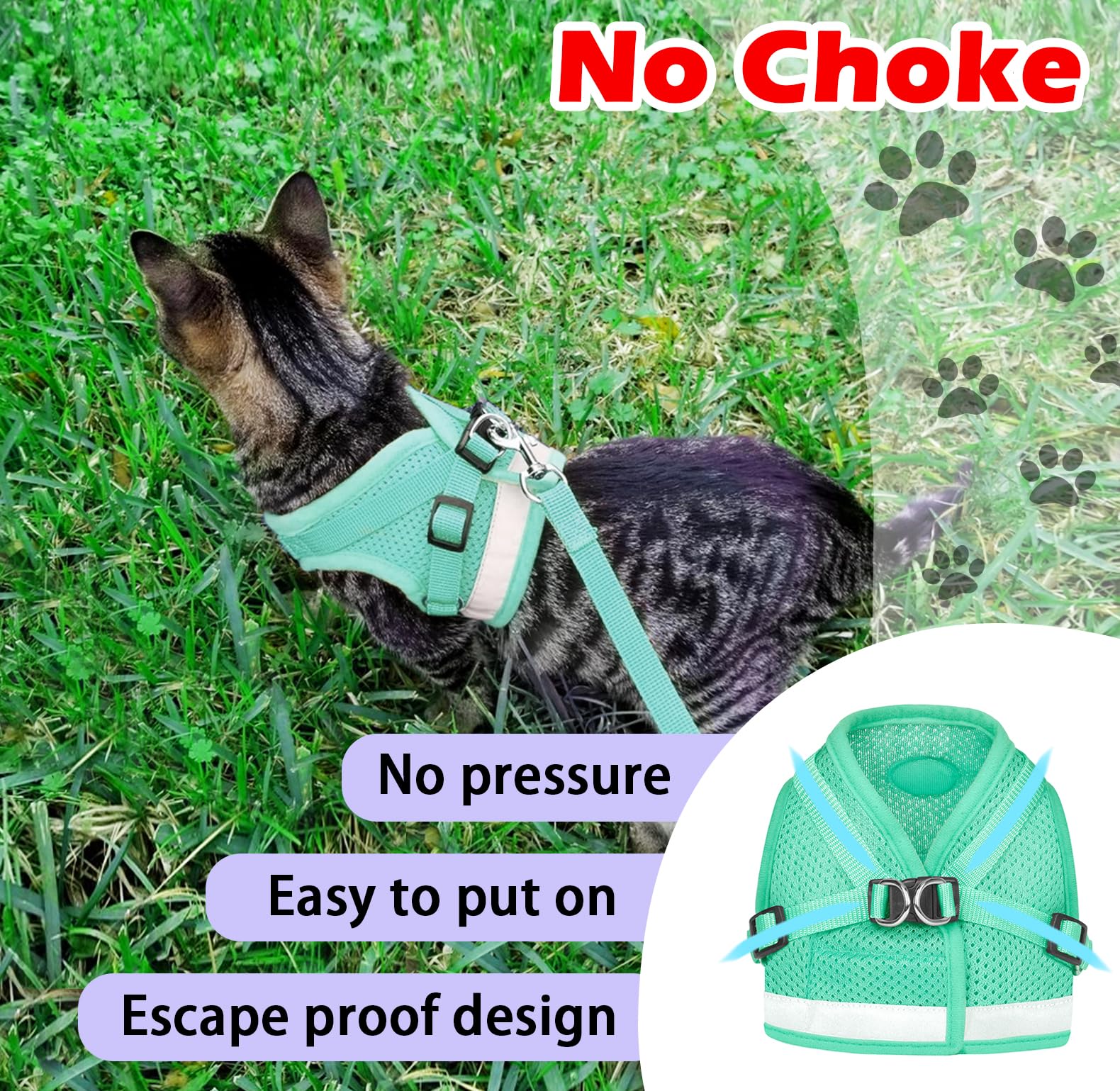 GAUTERF Adjustable Reflective Cat and Puppy Harness with Leash Set, Escape Proof Soft Mesh Vest, Cyan, XS (Chest: 6 - 8)