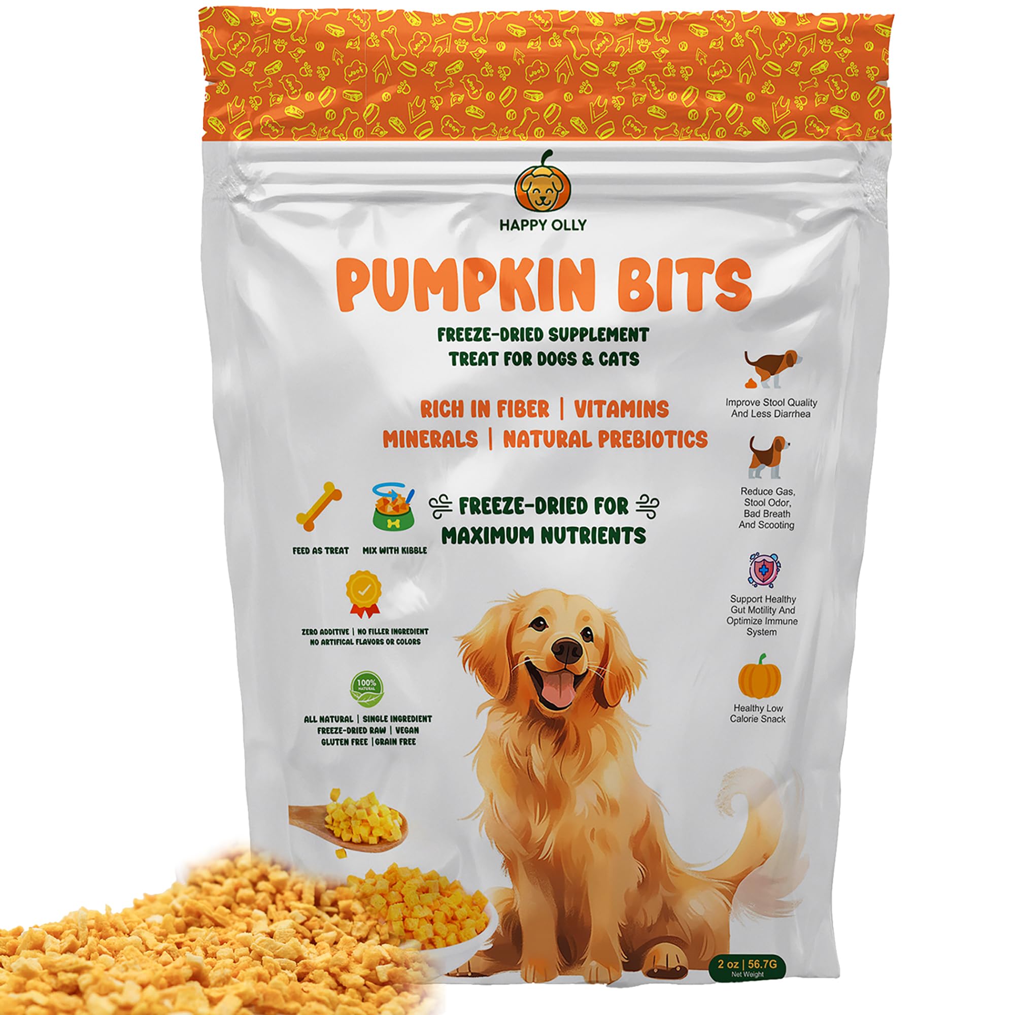 Happy Olly Pumpkin Treats for Dogs - 2oz Freeze-Dried Pure Pumpkin, Natural Prebiotics & Fiber, Supports Digestion & Reduces Diarrhea