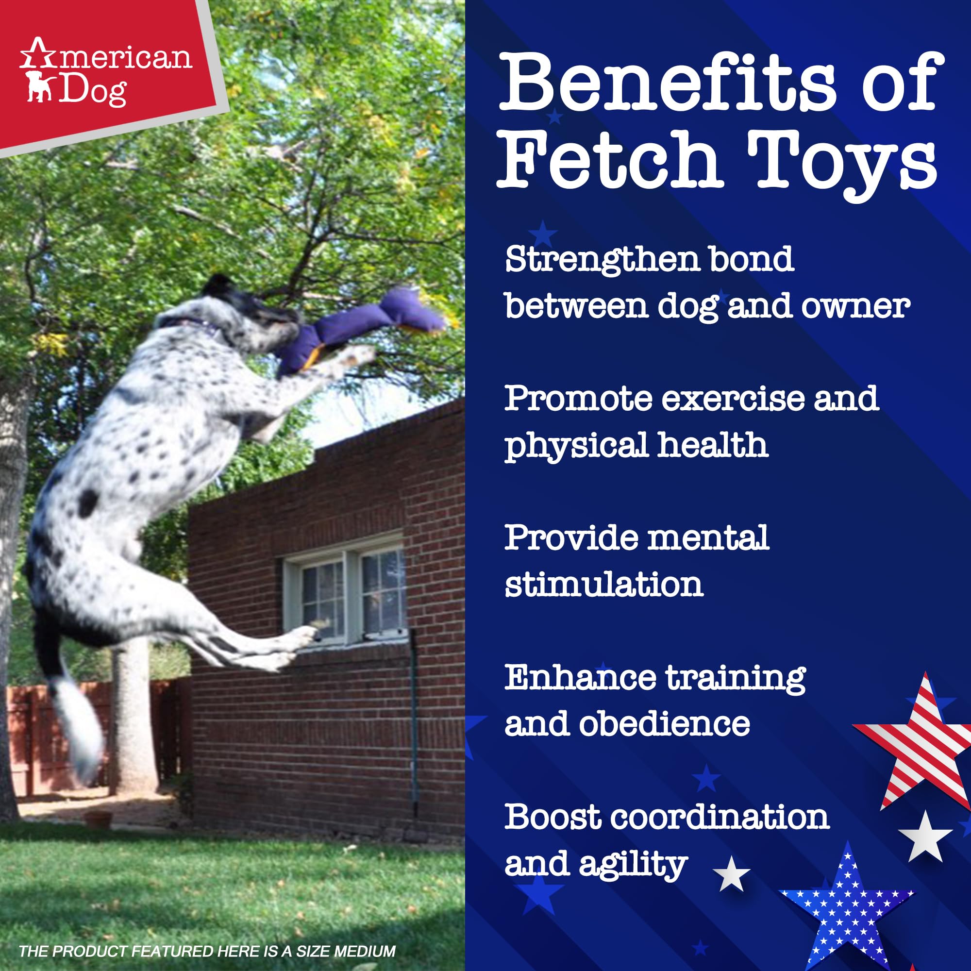 American Dog Da Bone - Durable Fetch Dog Toy Made In Usa From Pet-Safe, Machine-Washable 1000D Nylon Material With Squeaker For