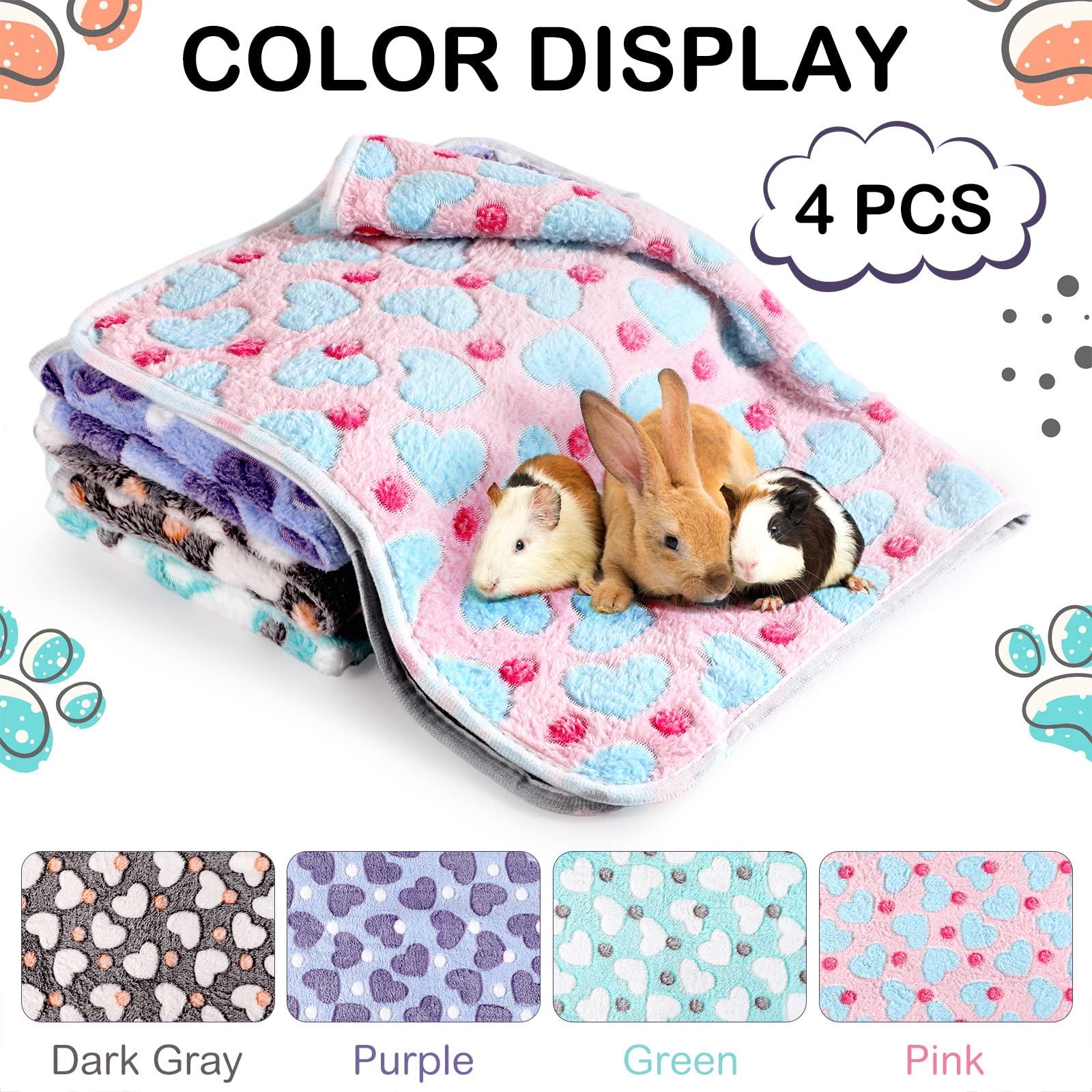 4 Pcs Waterproof Guinea Pig Blankets Washable Small Animal Fleece Bedding Absorbent Guinea Pig Cage Liners Reusable Pet Pee Pad Sleep Mat Pad Cover For Hamster Ferret (Heart Pattern,12 X 12 Inch)