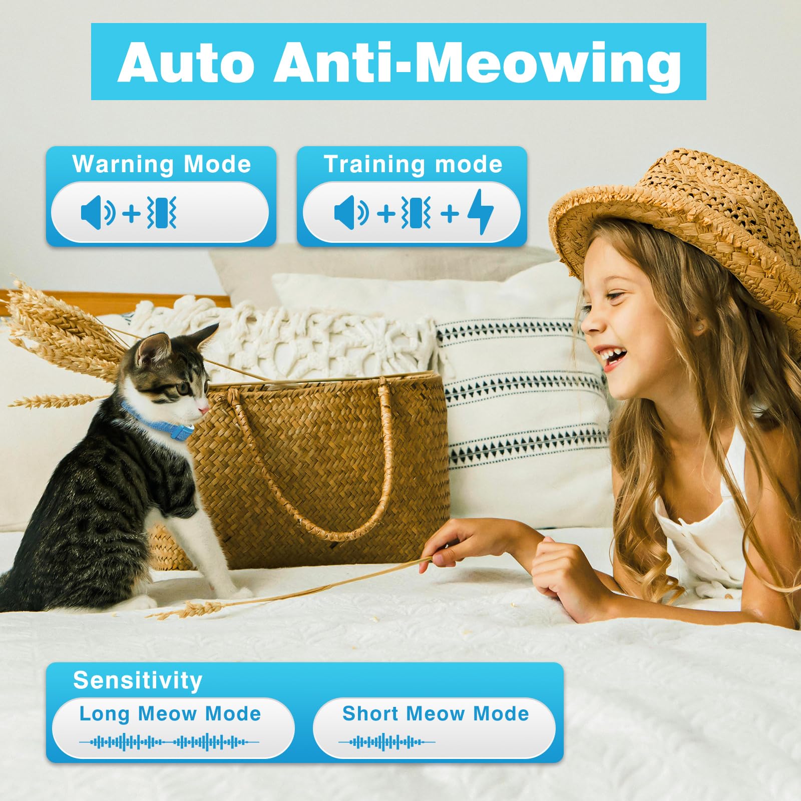 PaiPaitek Cat Shock Collar - Beep, Vibration & Shock Modes, Waterproof, Rechargeable, Medium & Large, Blue, Model PC 558