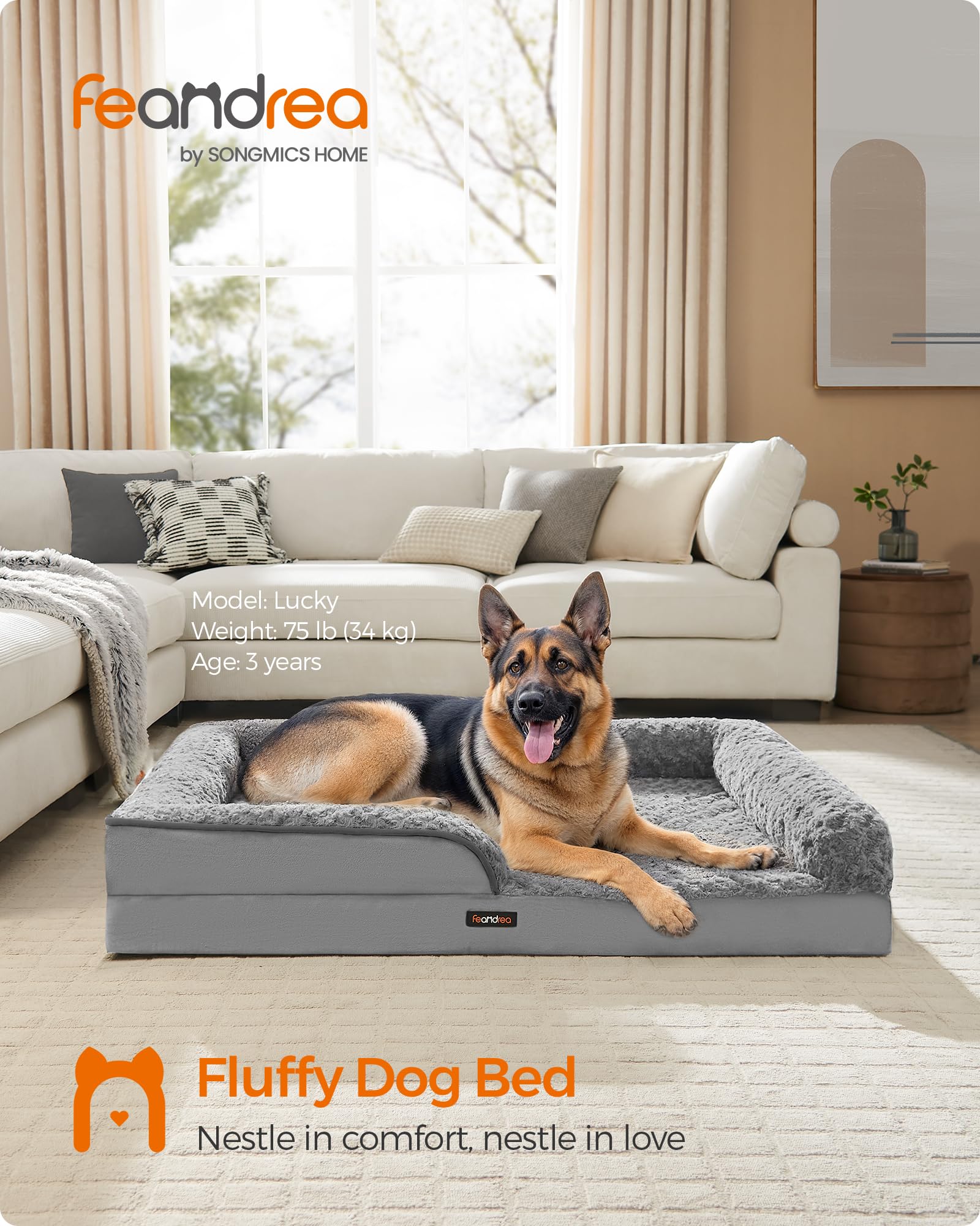 Feandrea Orthopaedic Dog Bed For Large Dogs, Waterproof Dog Sofa Bed With Removable Washable Cover, 48 X 35 X 7 Inches, Dove Gra