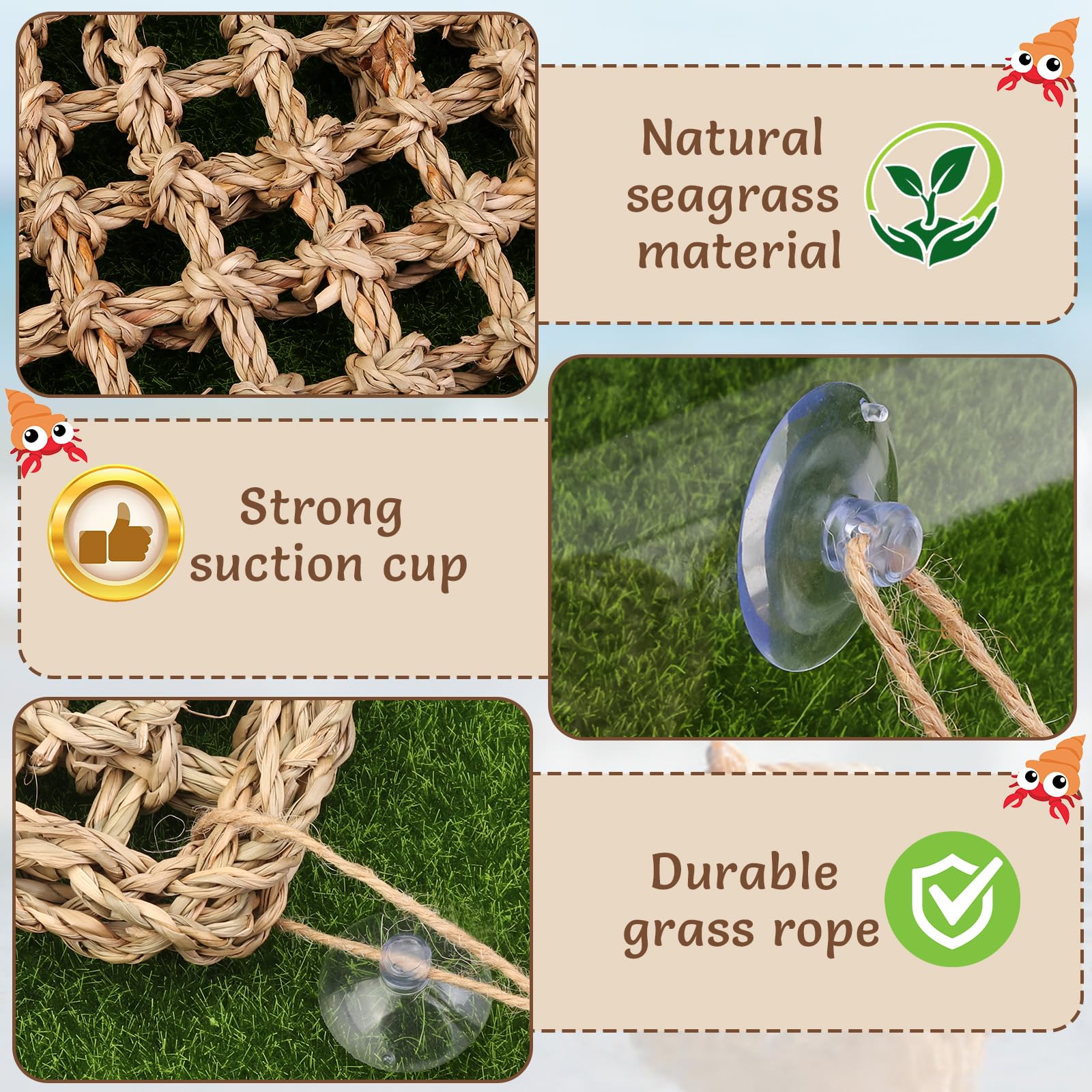 Fwunyvn Hermit Crab Climbing Toys,Lizard Seagrass Mat,Hermit Crab Hammock With Suction Cups,Hermit Crab Supplies Decor Habitat,S