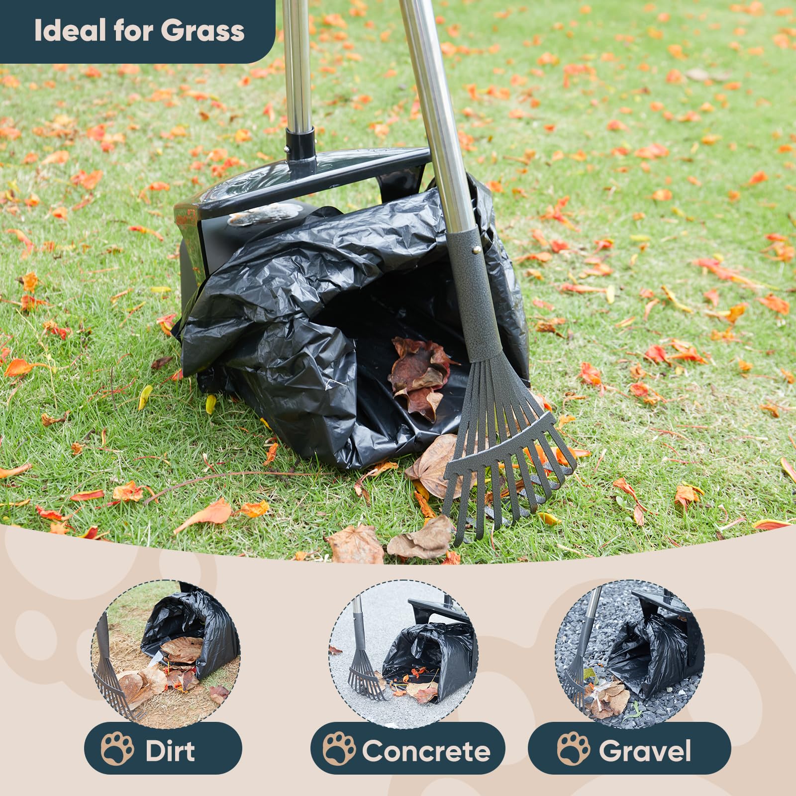 Ulugt Stainless Steel Dog Pooper Scooper,40'' Long Handle Swivel Bin, Rake And Spade,20 Waste Bags & Hook - Heavy Duty Portable