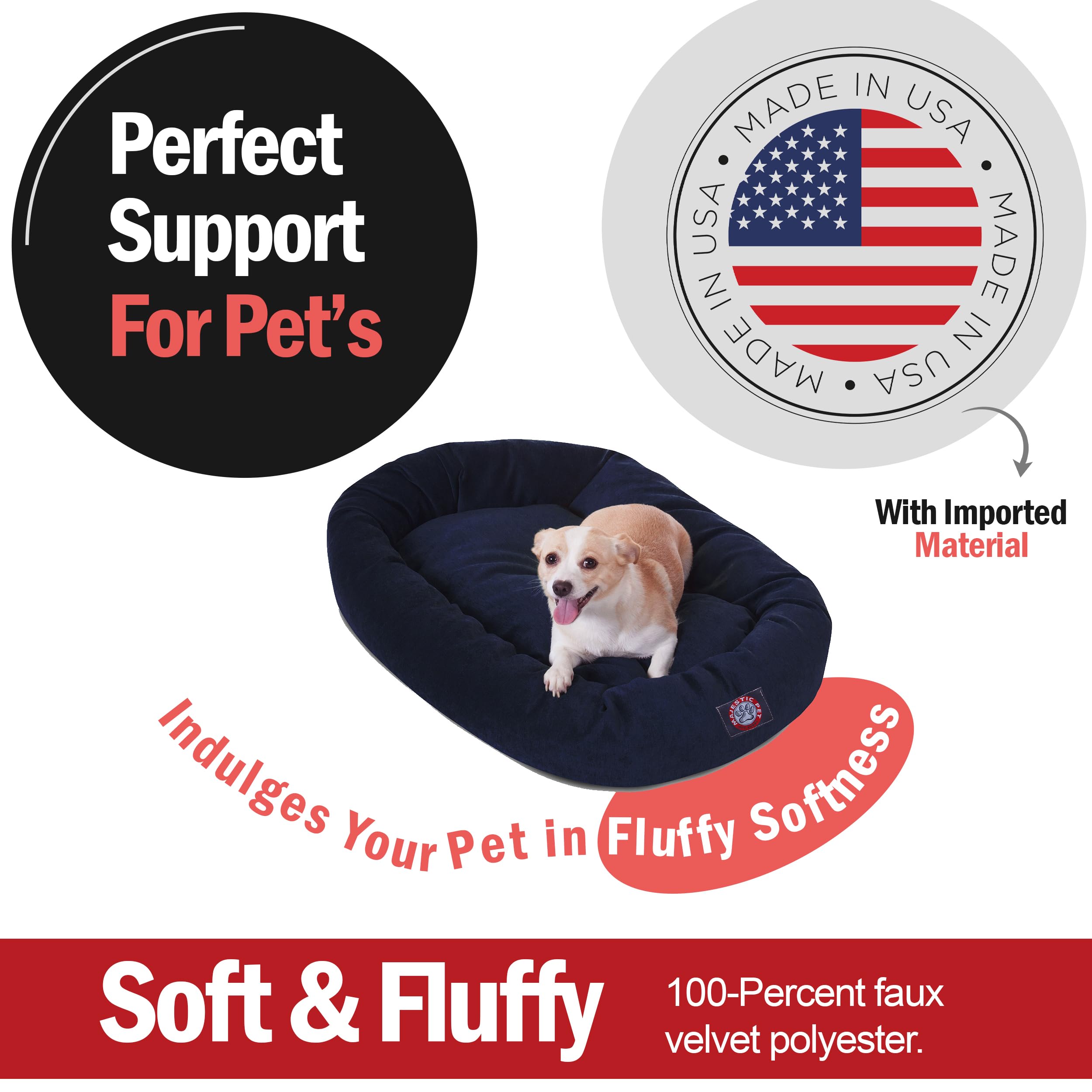 Majestic Pet 32 Inch Micro Velvet Calming Dog Bed Washable – Cozy Soft Round Dog Bed With Spine For Head Support - Fluffy Donut Dog Bed 32X23X7 (Inch) – Round Pet Bed Medium – Navy