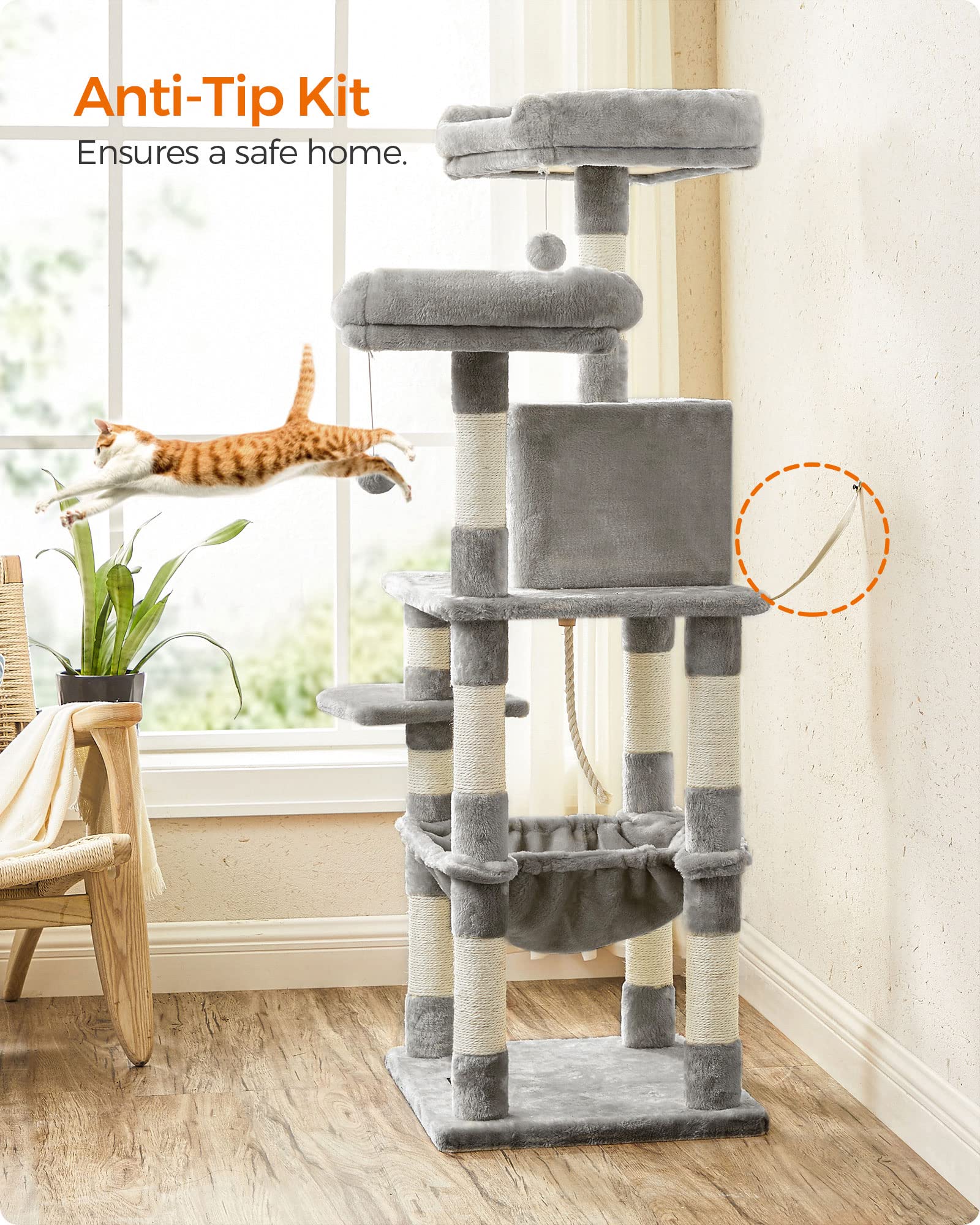 Feandrea Cat Tree, Cat Tower For Indoor Cats, 56.3-Inch Cat Condo With Scratching Posts, Hammock, Plush Perch, Light Gray Upct15