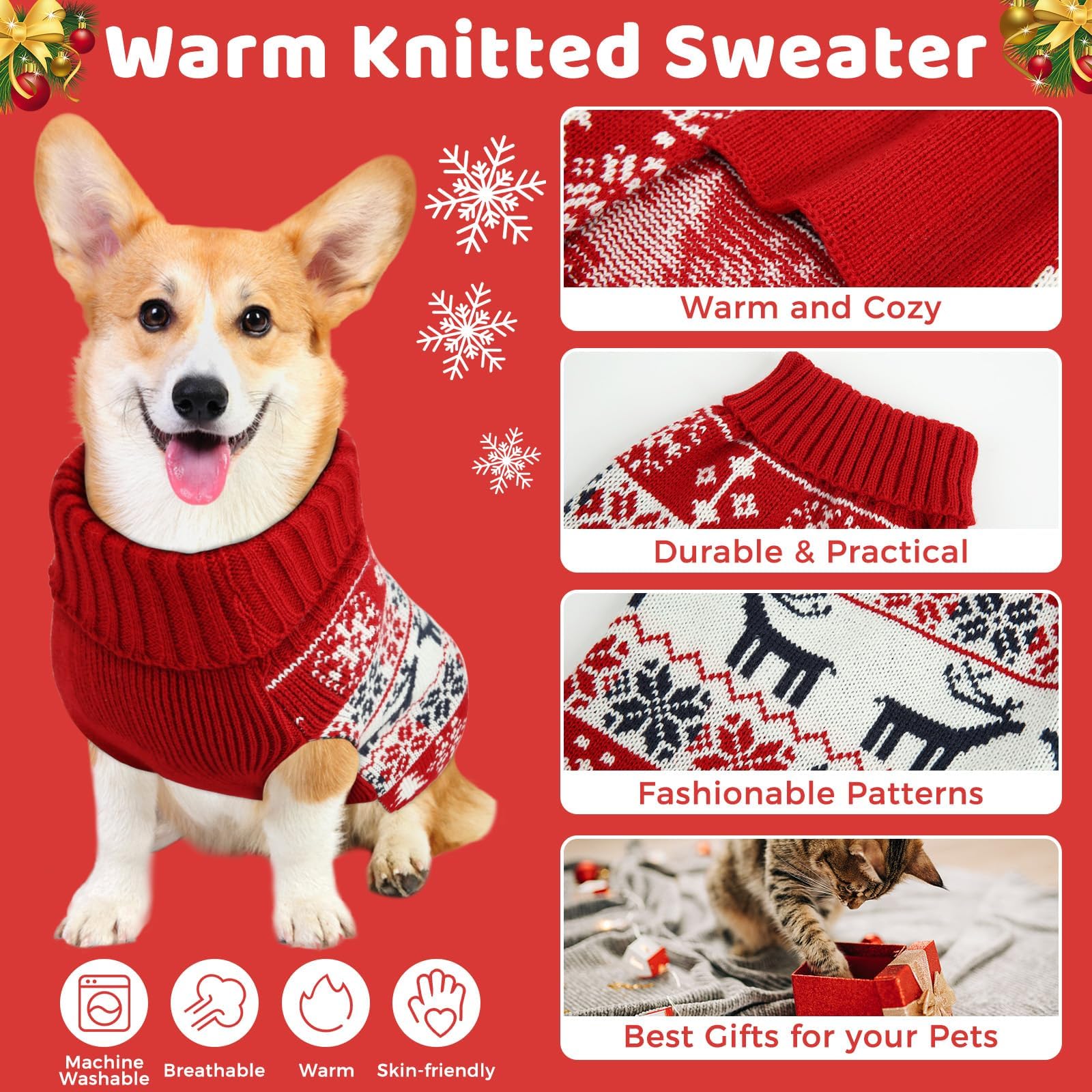 Christmas Dog Sweaters For Small To Medium Large Dogs, Soft Warm Pup Shirts, Turtleneck For Outdoors Playing, Warm Deer Cat Clot