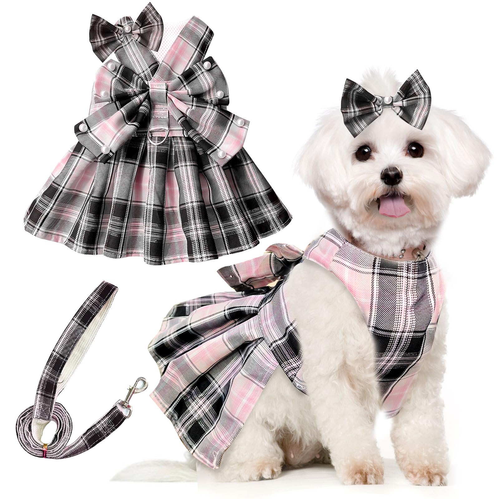 Petcare Cute Dog Dress Clothes For Small Dogs Cats Girl Female Pink Plaid Bow Tie Dog Harness Dresses Leash Set With Pearls Bow 