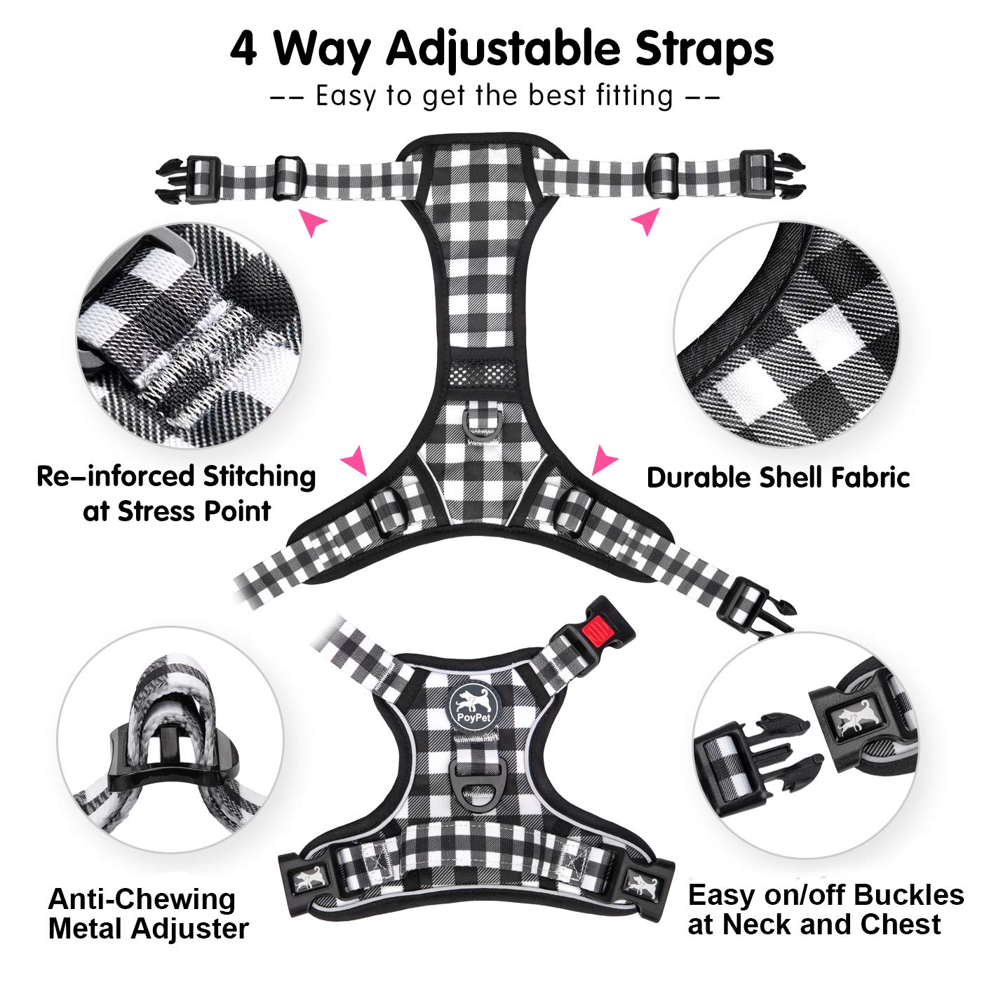 Poypet No Pull Dog Harness, [Neck Release] Reflective Adjustable No Choke Pet Vest With Front & Back 2 Leash Attachments, Soft Control Training Handle For Small Dogs(Grid,Xl)