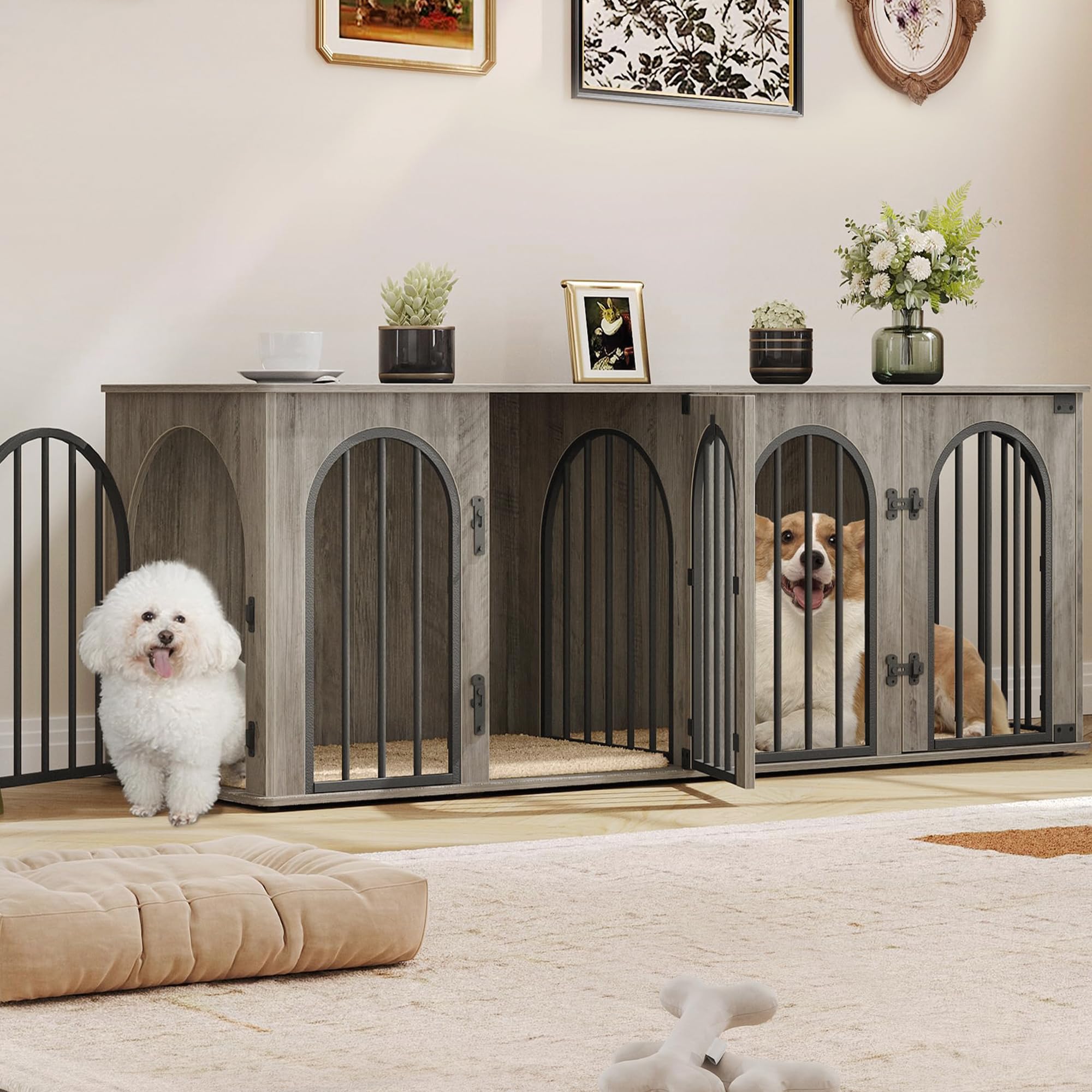 Hzuaneri 63 Dog Crate Furniture for 2 Dogs, Heavy Duty Indoor Dog Kennel TV Stand, L Wooden Dog Cage with Divider for Medium Lar