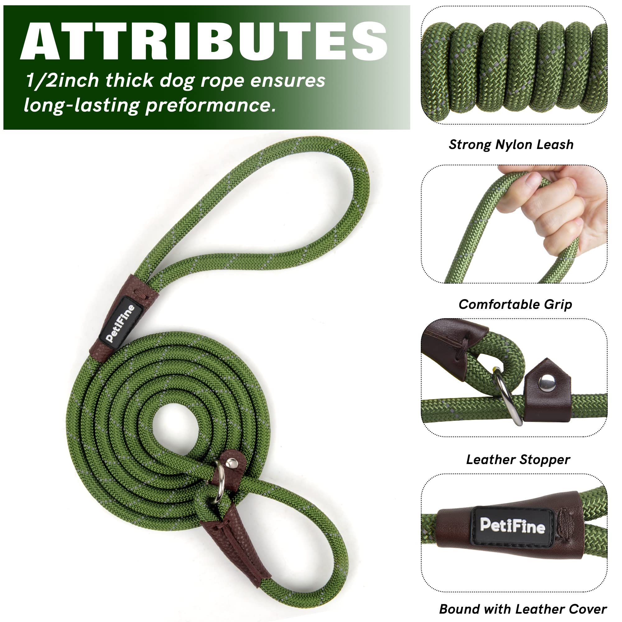 Petifine 6 Ft Slip Lead Dog Leash, Full Reflective Dog Training Leash, Heavy Duty Adjustable Pet Nylon Slip Rope Lead For Small Medium Large Dogs (3/8' -6 Ft, Green)