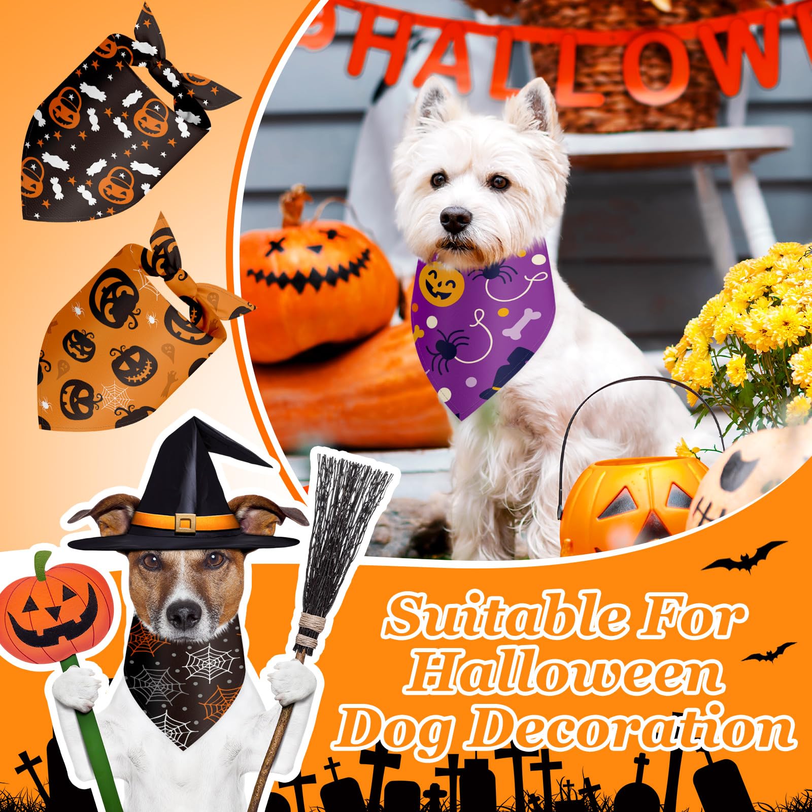 Chunful 30 Pcs Halloween Dog Bandanas Bulk Triangle Bandanas for Dogs Grooming with Pumpkin Ghost Patterns Soft Bibs Adjustable