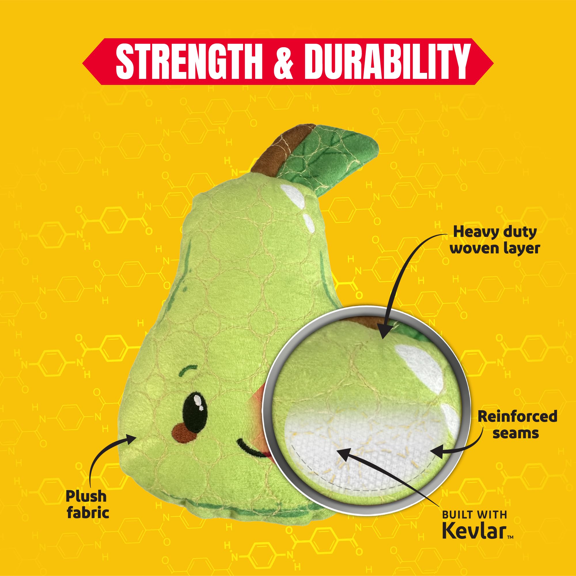 Bite Force -Durable & Strong Dog Toy Mr. Pear with Squeaker, Kevlar-Reinforced for Aggressive Chewers for Small Medium Large Dog