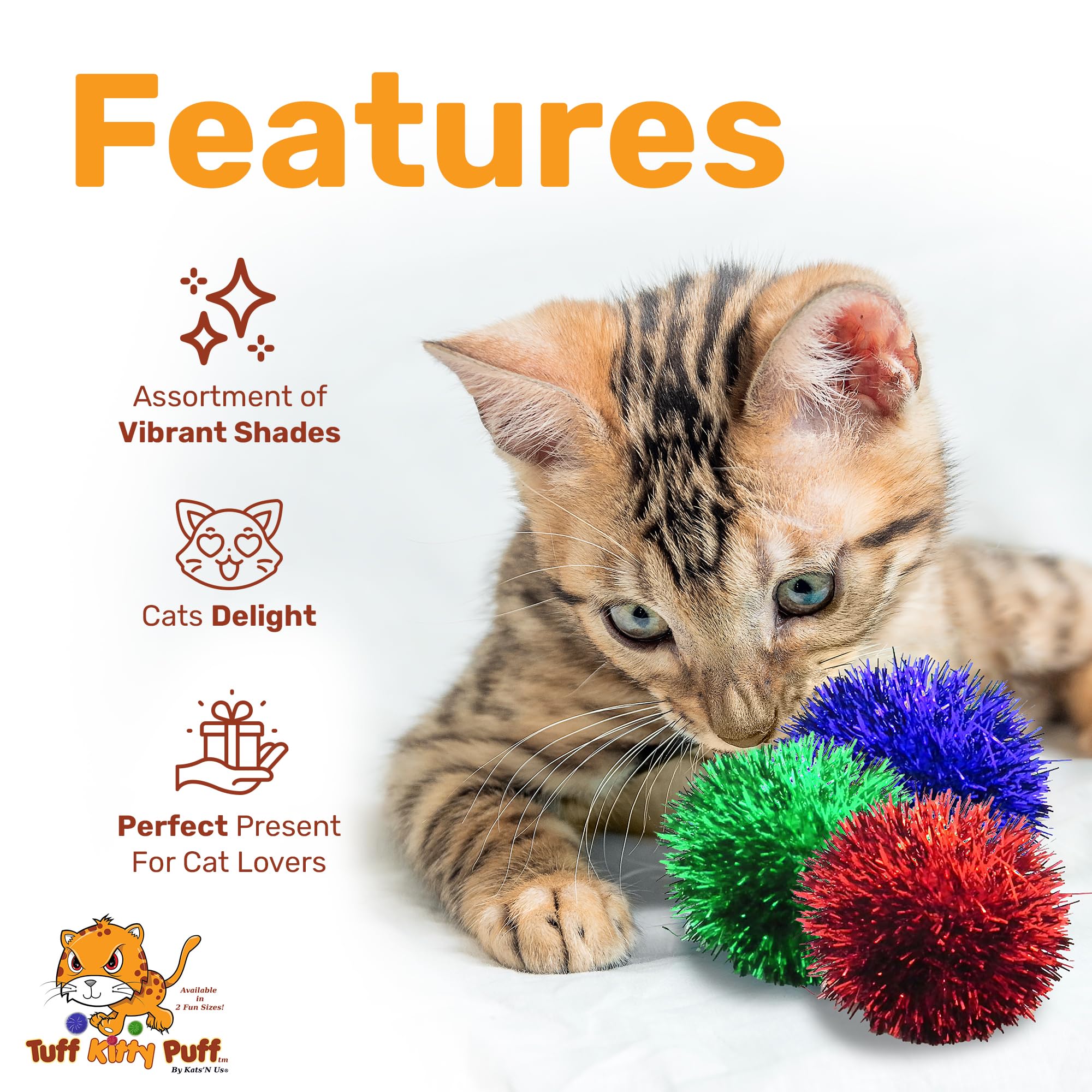 Tuff Kitty Puff Jumbo Sparkle Ball, Tinsel Balls For Cats - 2 Inches, Assorted Colors - Ideal Cat Exercise Toy