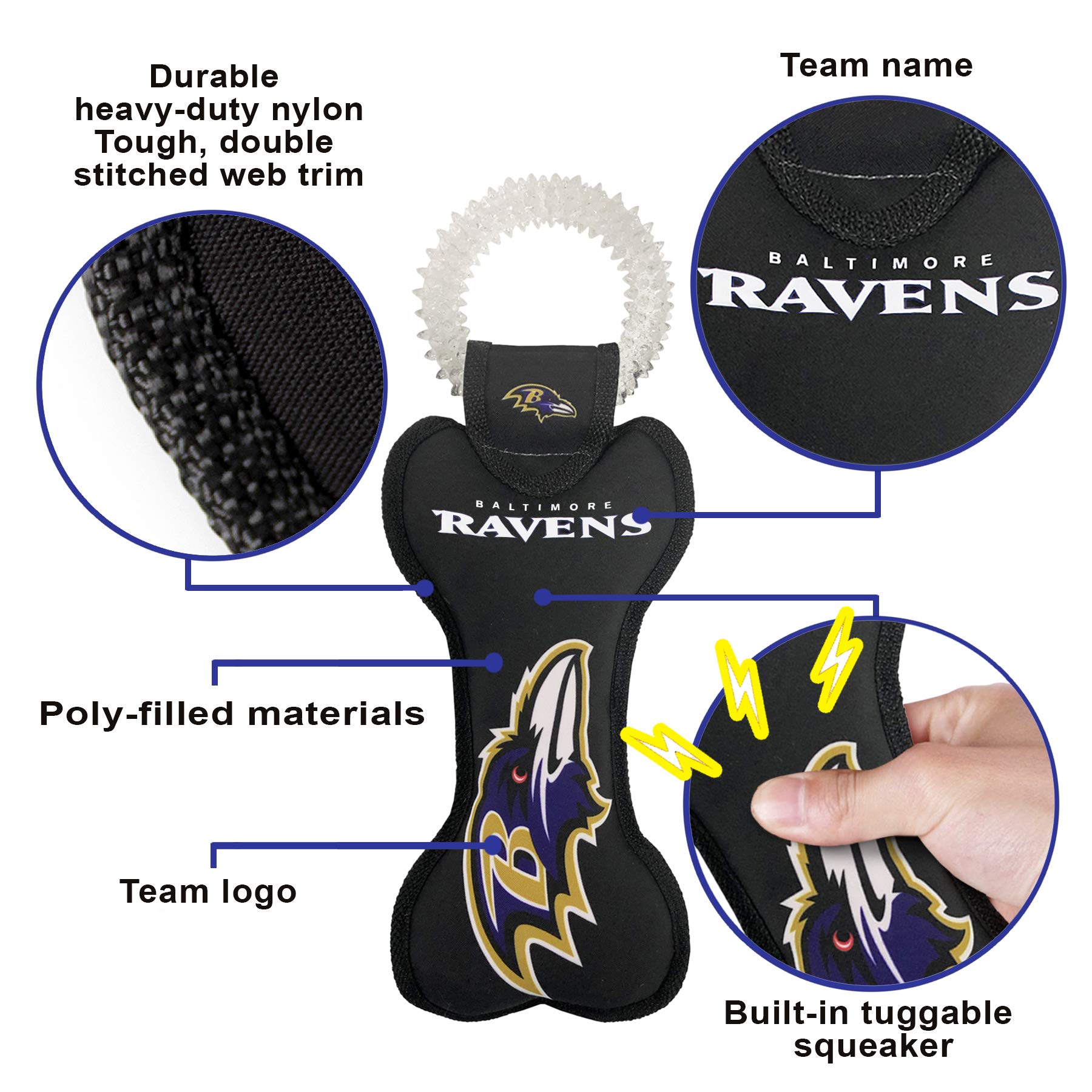 Pets First NFL Baltimore Ravens Dental Dog TUG Toy with Squeaker. Tough PET Toy for Healthy Fun, Teething & Cleaning Pet's Teeth