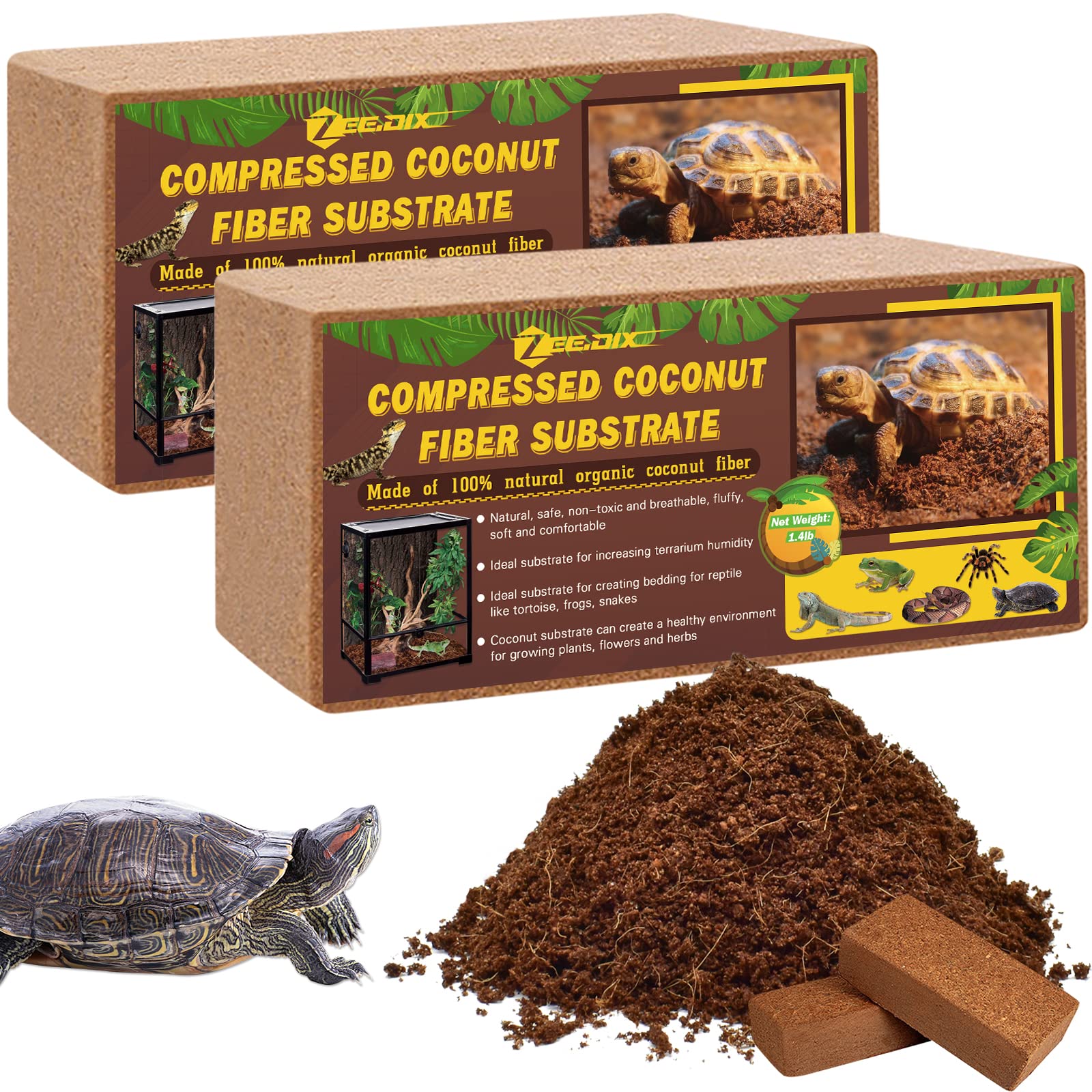 Zeedix 2Pcs Compressed Coconut Fiber Substrate, 100% Organic Coco Coir Fiber Brick Substrate Fluffy Bearded Dragon Tortoise Snake Terrarium Substrate Loose Natural Husk Terrarium Bedding For Reptiles