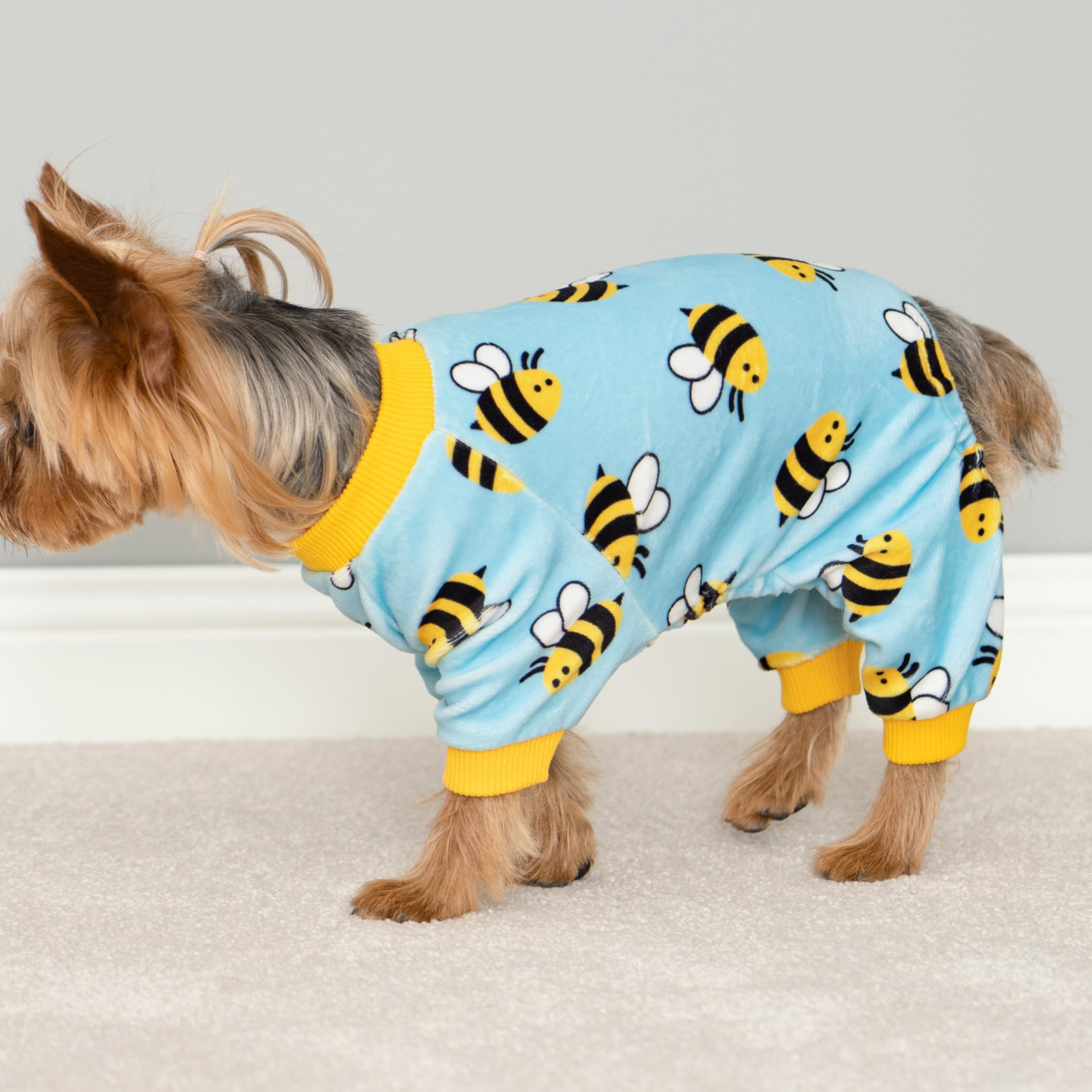 Fitwarm Funny Bee Fleece Dog Pajamas, Warm Winter Dog Clothes For Small Dogs Boy Girl, Cozy Pet Onesie With Feet, Light Blue, La