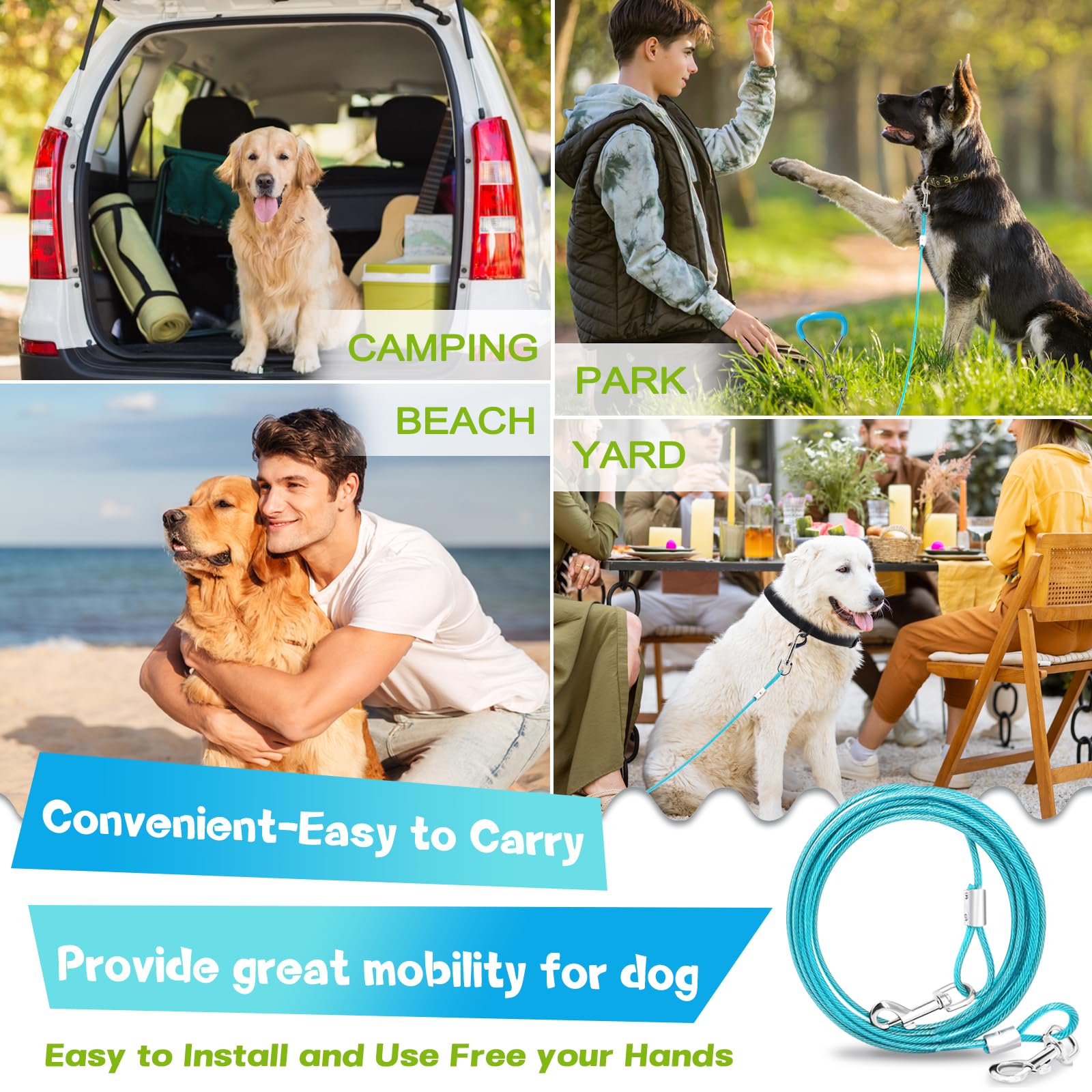 Supet Dog Tie Out Cable And Stake 32/16/10 Ft Outdoor, Yard And Camping, For Medium To Large Dogs Up To 125 Lbs, 16' Stake, 32/16/10 Ft Cable With Durable Spring And Metal Hooks For Outdoor